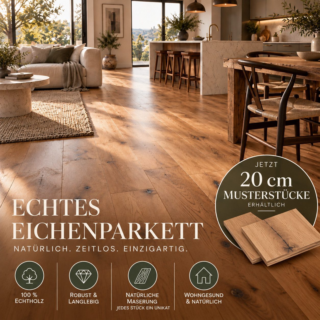 Woodstore24 Parkett Eiche Landhausdiele rustikal, gebürstet & natur geölt, 14 mm Klick, Bodenbelag Klicksystem, UV-gehärtetes Naturöl & angenehme Haptik, 1 St., Echtholz Parkett mit 3 mm Nutzschicht & Drop-Down Klicksystem, Eichenparkett, Fertigparkett, Klick Parkett, geölt, fußwarm