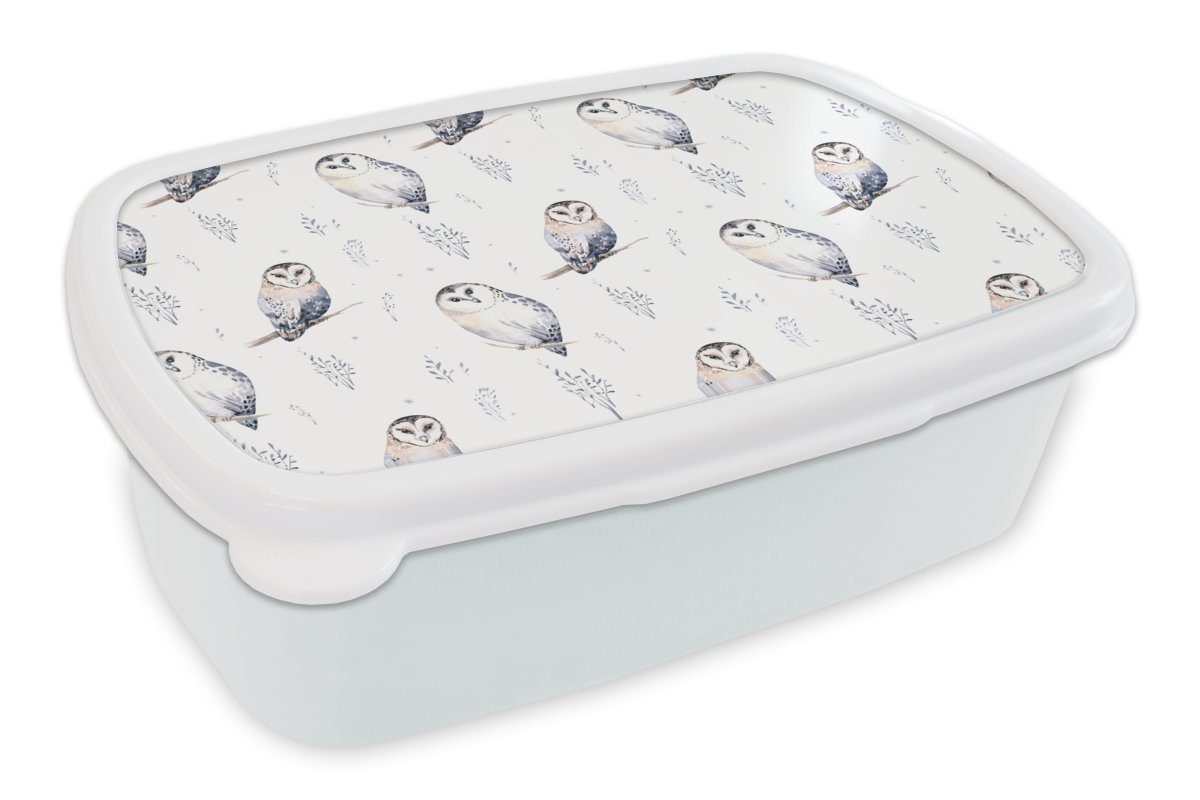 MuchoWow Lunchbox Winter - Eule - Weiß, Kunststoff, (2-tlg), Brotbox für Kinder und Erwachsene, Brotdose, für Jungs und Mädchen