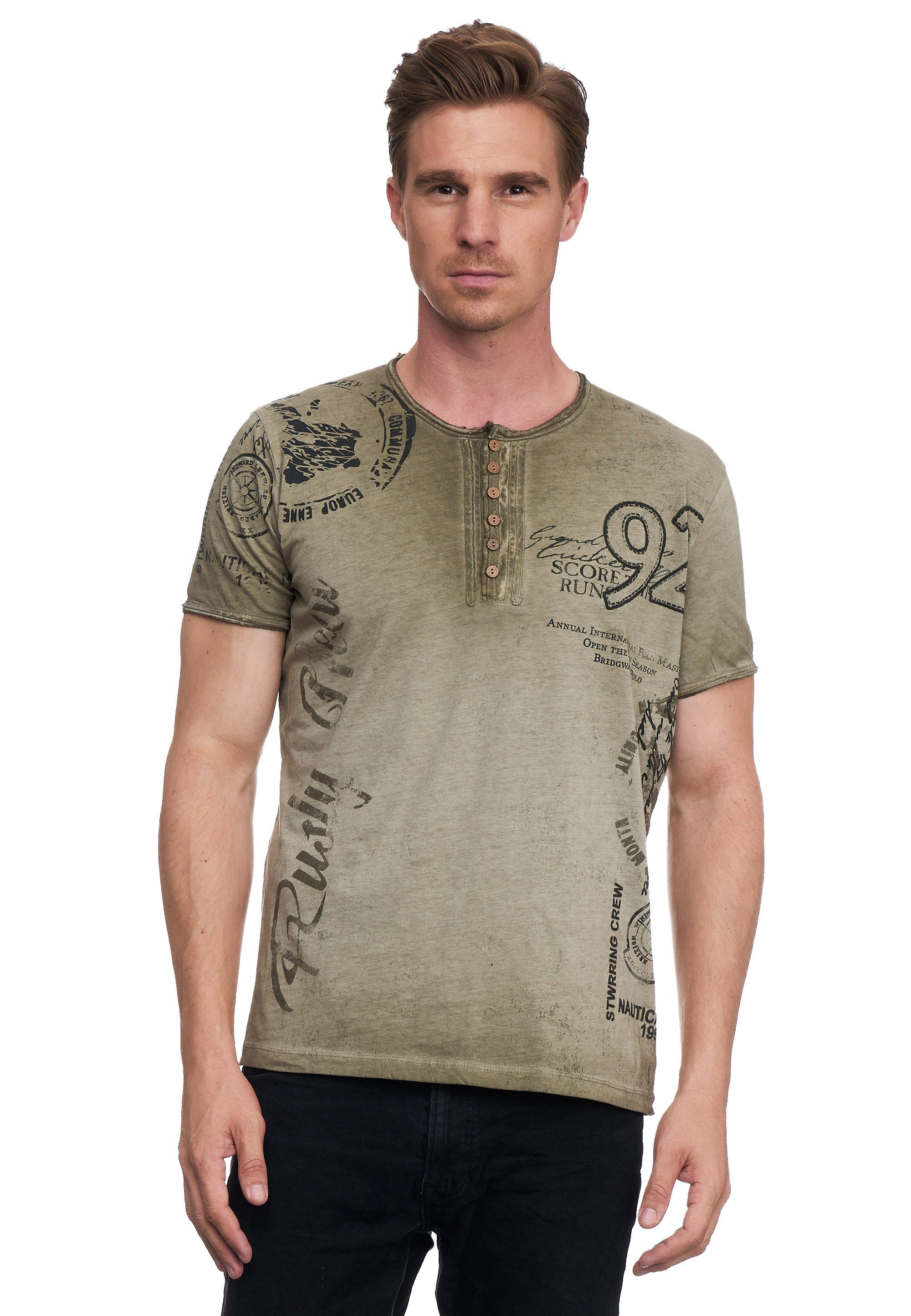Rusty Neal T-Shirt mit seitlichem Mit auffälliger Print, Knopfleiste und großem Print