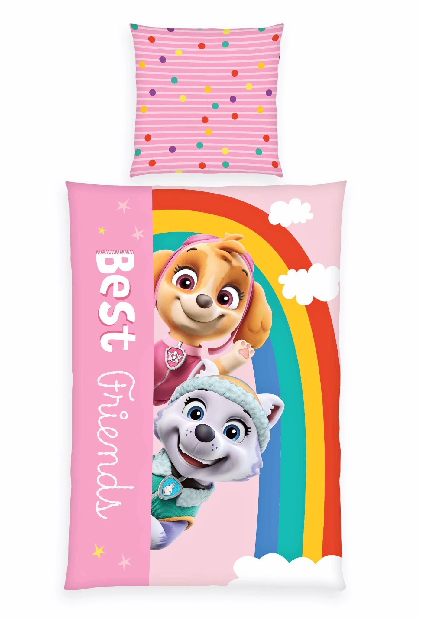 Herding Kinderbettwäsche 135x200cm Paw Patrol Patrouille Regenbogen, Renforcé, 2 teilig, Everest und Skye, Streifen, Liebe, Superhelden, mit Knopfleiste
