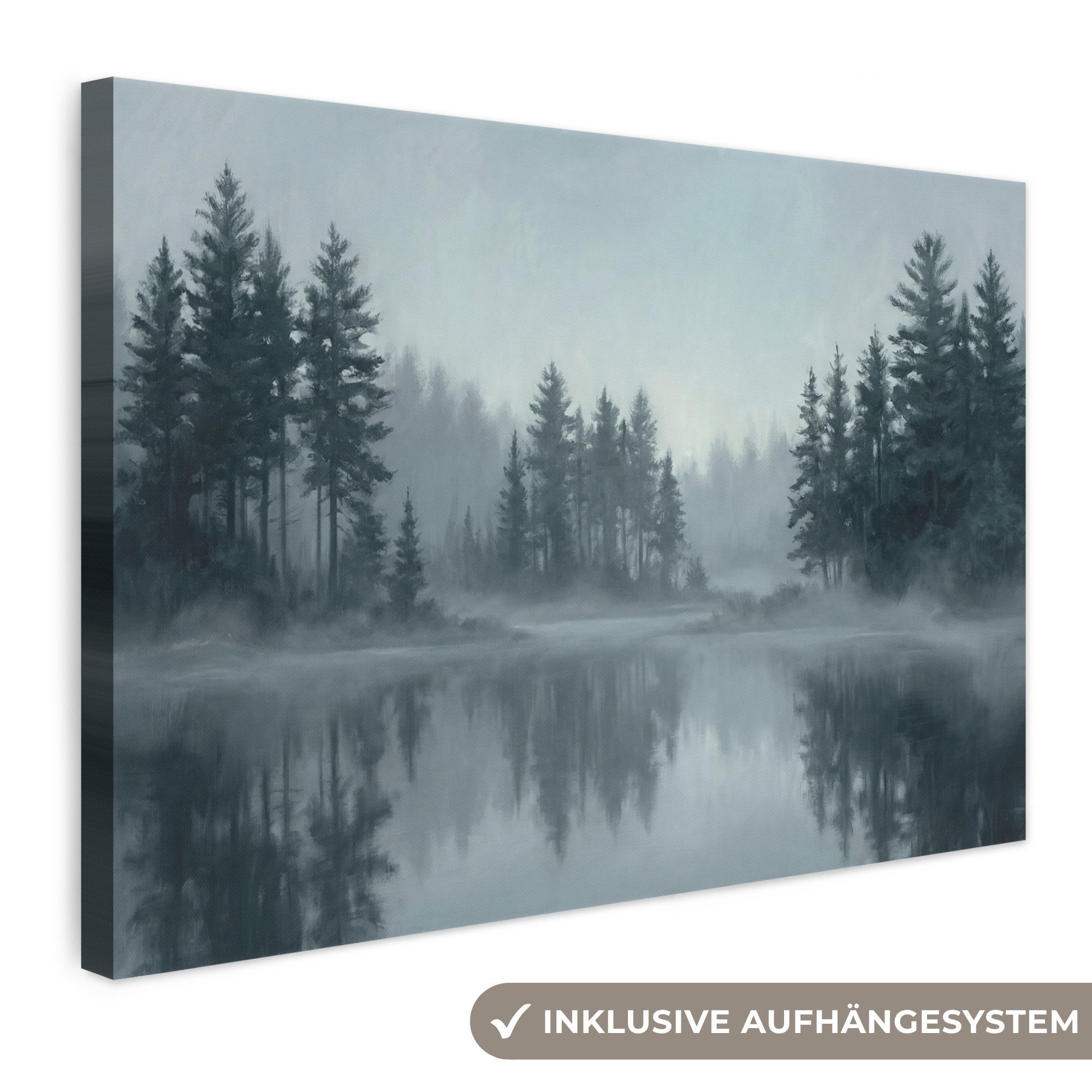 OneMillionCanvasses® Leinwandbild Wald - See - Nebel - Natur - Grau, Fotodruck (1 St), Leinwand Bilder Klein, Wand Dekoration Aesthetic 30x20 cm