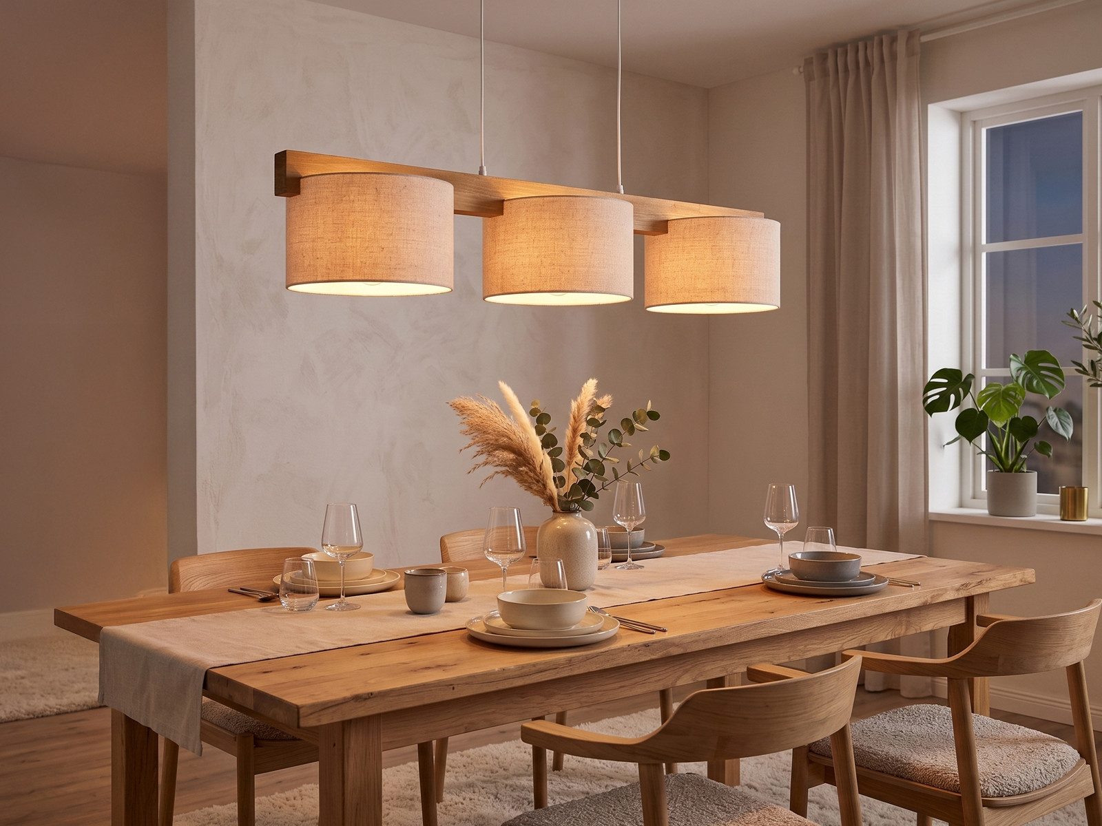 meineWunschleuchte mit Holz-Balken & Stoff, Breite 100cm, ohne Leuchtmittel, Esstisch-Lampe hängend, Holzlampe skandinavisch, Esszimmerlampe groß
