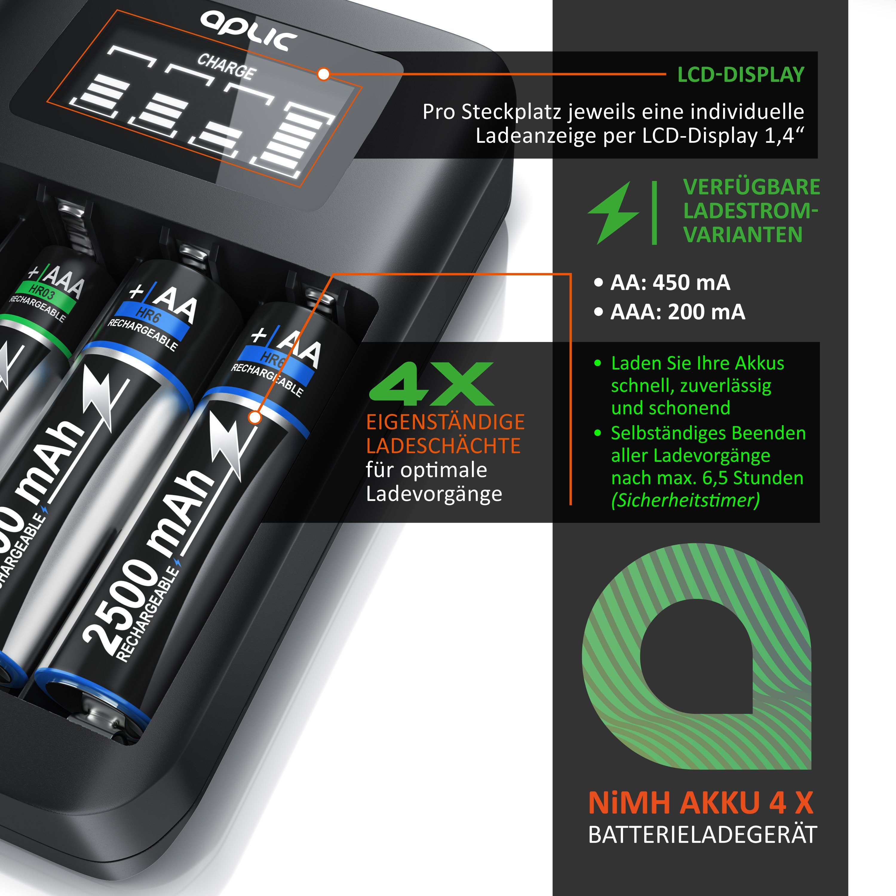 Aplic 4-Schacht USB Ni-MH Akku-Lader, Individuelle Ladeschachtüberwachung Batterie-Ladegerät (1800 mA, 1-tlg., Universal Batterie Ladestation, Typ AA oder AAA,  – Bild 4 von 5