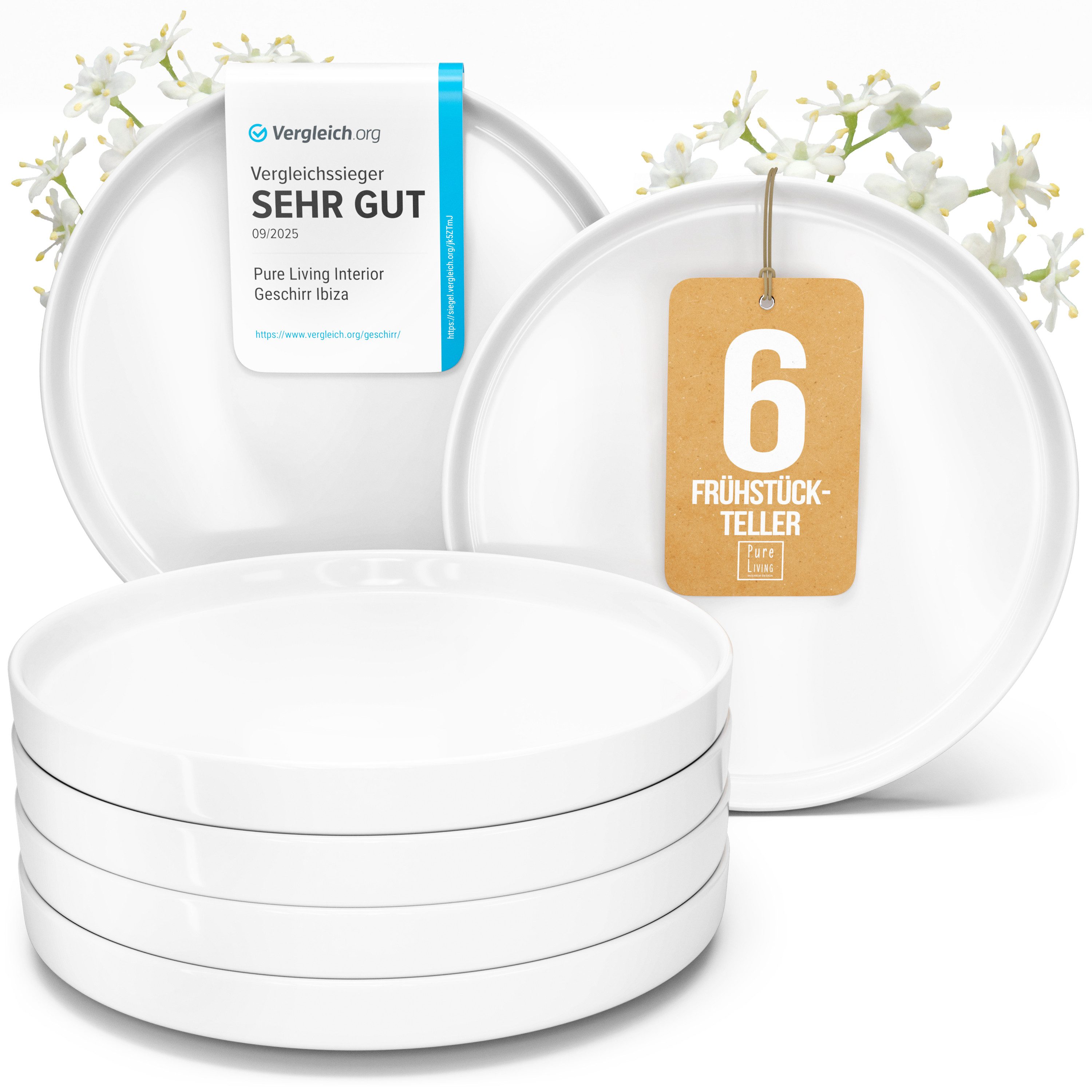 PURE LIVING INTERIOR DESIGN Geschirr-Set Crystal Dessertteller, Frühstückteller, 6er-Set, 20 cm, Weiß (6-tlg), 6 Personen, Porzellan