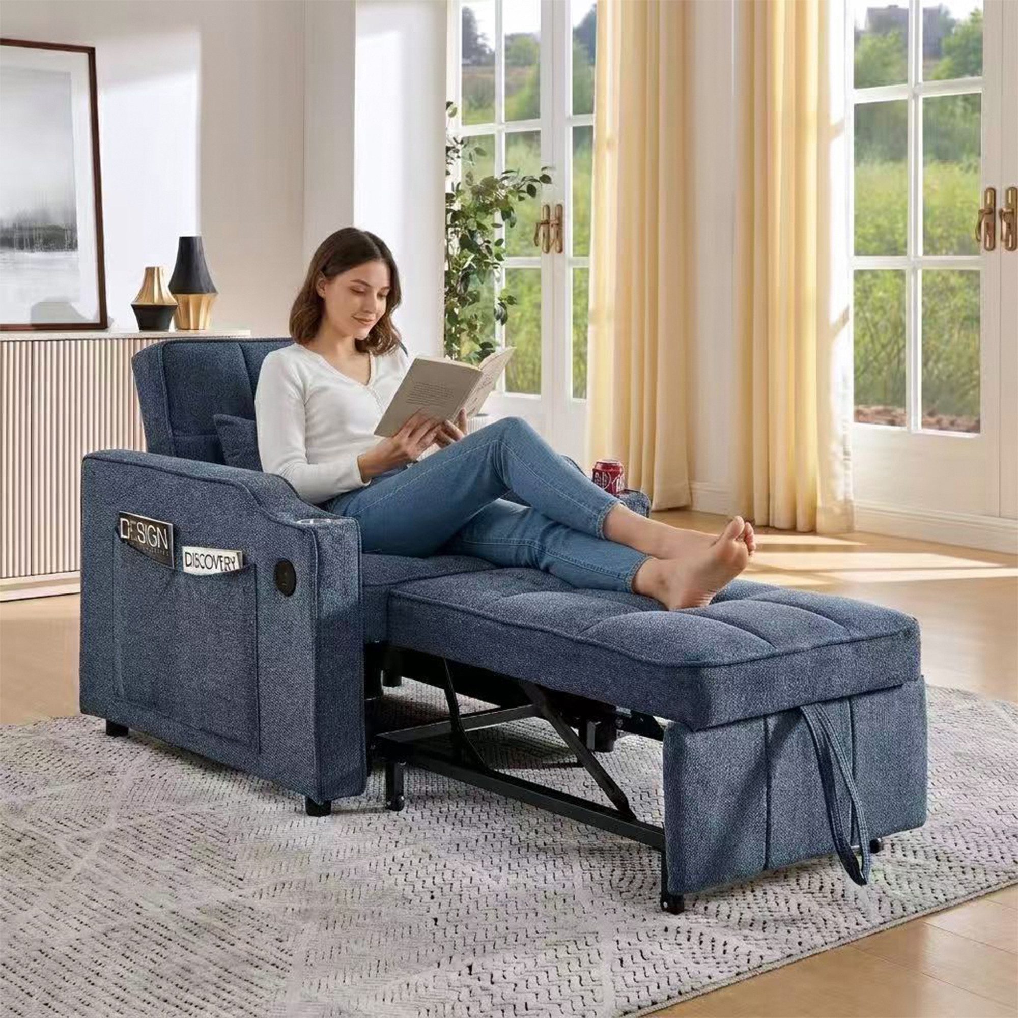i@home Relaxsessel 1-Sitzer Sofa, faltbares Schlafsofa (platzsparend für Wohnzimmer und Schlafzimmer), USB/Type-C Anschluss, Schlafsofa (190cm) Edelstahl-Getränkehalter