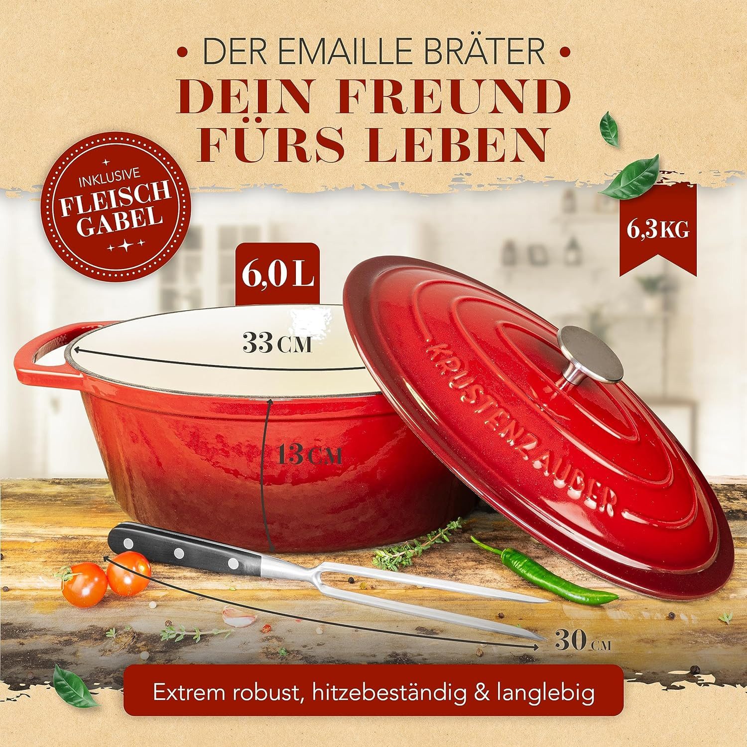 Krustenzauber Bräter Gusseisen Bräter mit Deckel backofengeeignet inkl. Fleischgabel, (Emaille Topf XL - Idealer Schmortopf Kazan), Induktion Oval, Geschenk Weihnachten