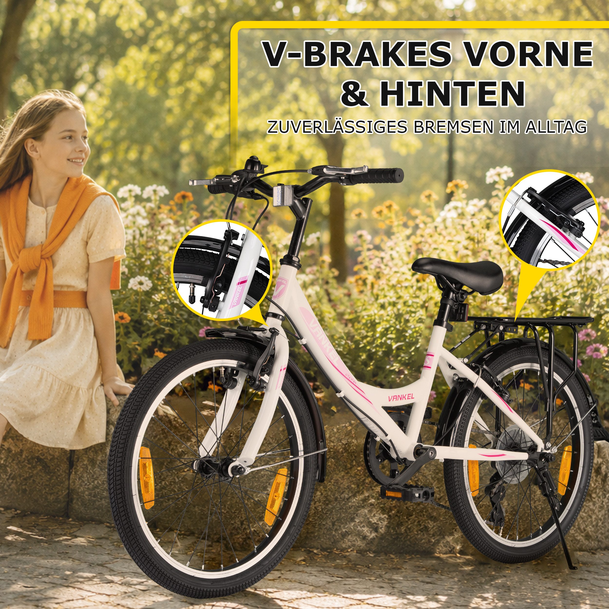 Vankel Kinderfahrrad 20 Zoll, MTB, Kinderfahrrad mit Schaltung, V-Brakes, 7 Gang, Kettenschaltung, Robustes Kinderrad mit Gepäckträger
