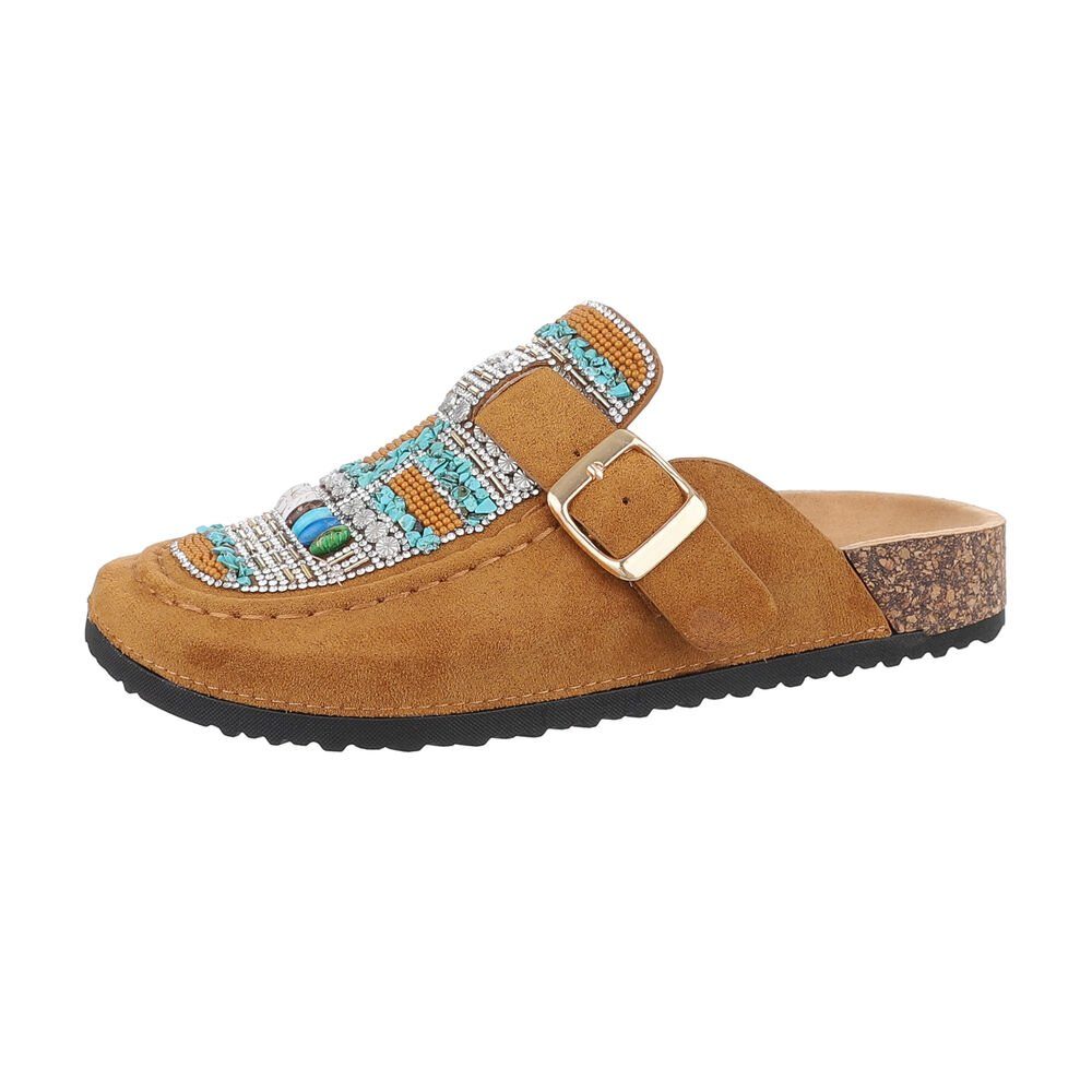 Ital-Design Damen Mules Freizeit Pantolette (85878270) Flach Pantoletten in Camel