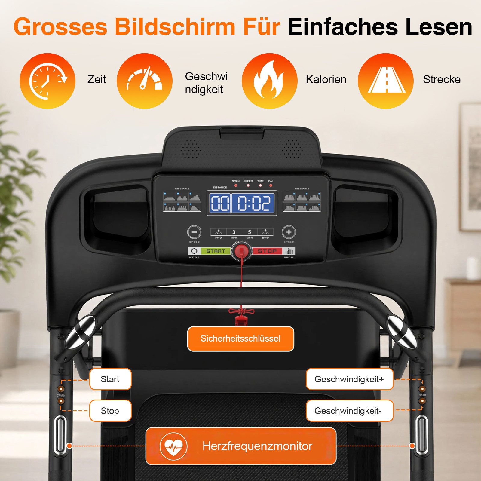 ANYSUN Laufband Laufband für Senioren,faltbares Laufband für Zuhause mit Handläufen (Großes LED-Display für ältere Menschen,Langes Geländer für das Gleichgewicht), Fitness-Trainingsgerät für ältere Menschen,Tragkraft bis 120 kg