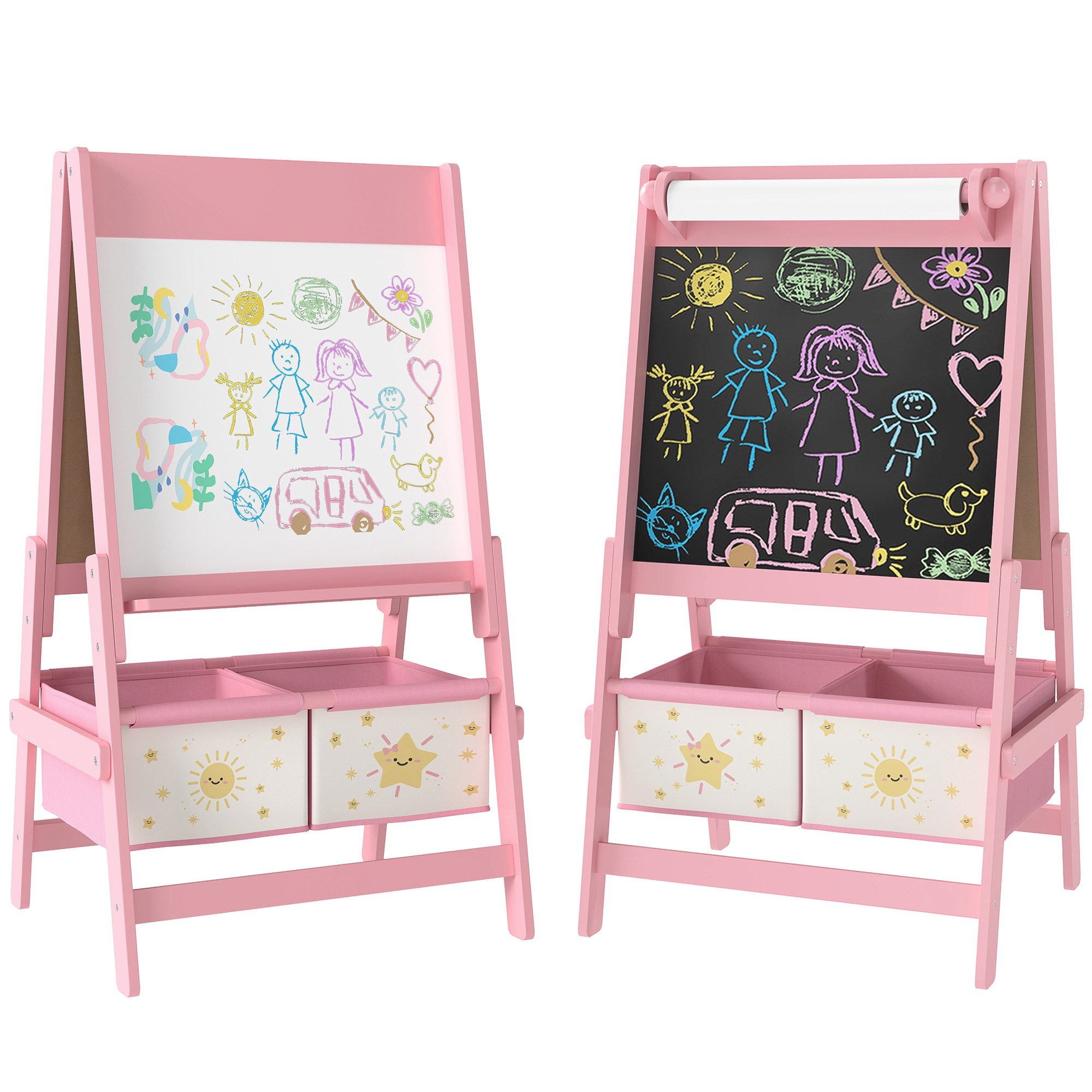 AIYAPLAY Tafel mit Kreidetafel, Whiteboard, Papierrolle, 2 Aufbewahrungsboxen, (3 in 1 Kindertafel, 2-tlg., Kinder Staffelei), mit Stern- und Sonnenmotiv, für Kinder 3-8 Jahre Rosa