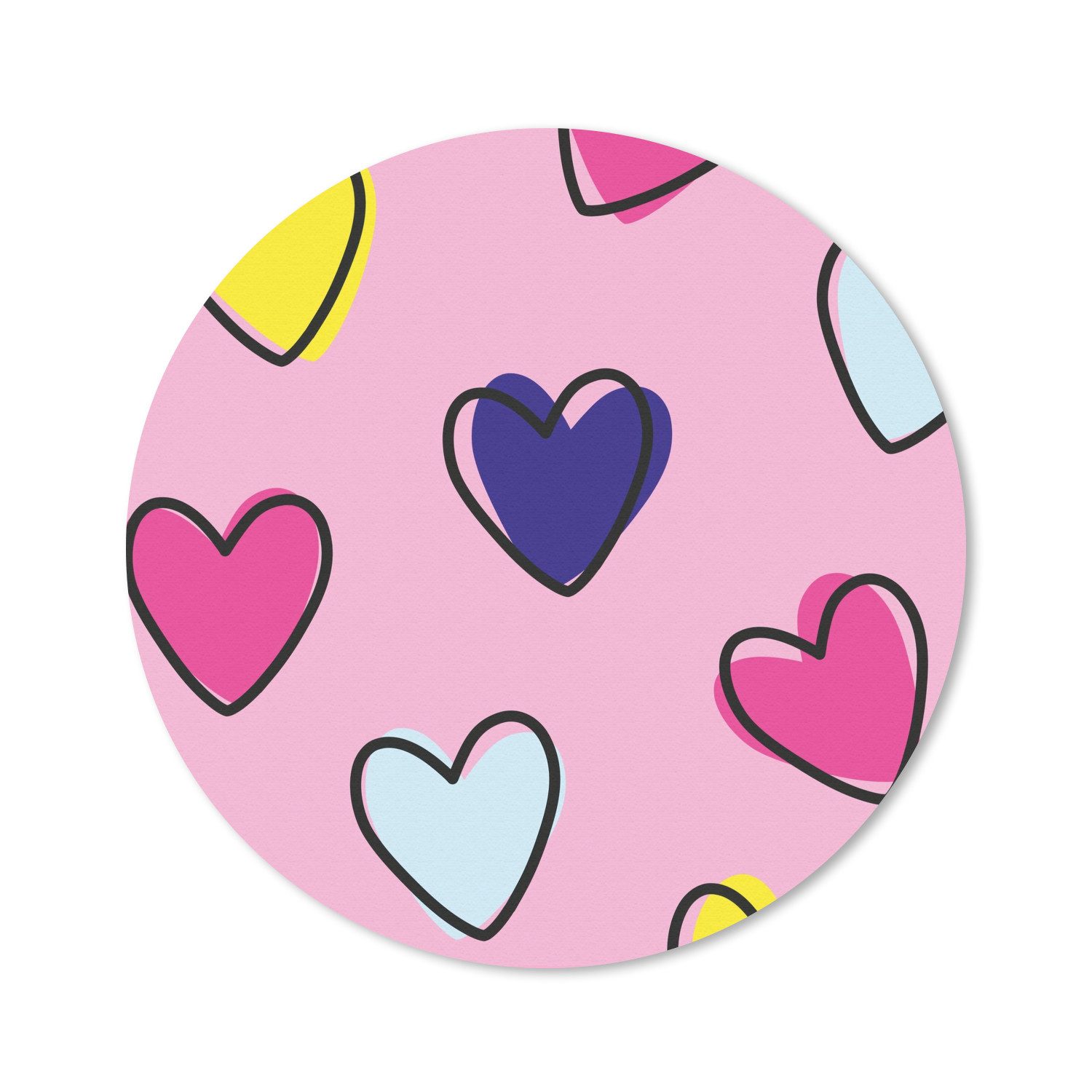 MuchoWow Mauspad Herzen - Valentinstag - Muster - Bunt (1-St), Büro für Tastatur und Maus, Mousepad Gaming, Rund 20x20 cm
