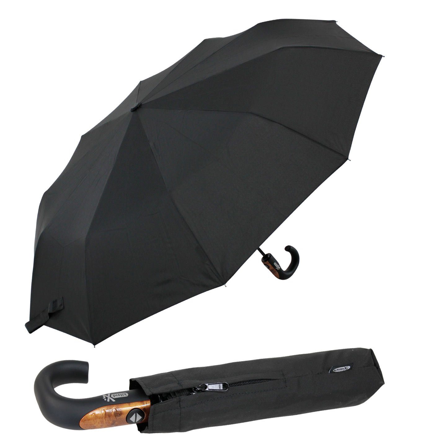 Herren Regenschirme iX-brella Taschenregenschirm Herren Automatikschirm mit 10 Streben stabil groß, Griff mit Holzoptik