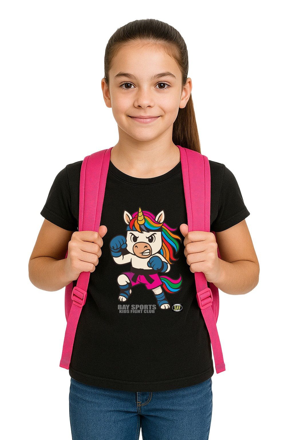 BAY-Sports T-Shirt Einhorn KidsFightClub Kickboxen Kampfsport Thaiboxen Karate MMA Kinder (Mehrfarbiger Druck, Stück) Unicorn mit Regenbogenmähne für Mädchen und Girls rosa pink