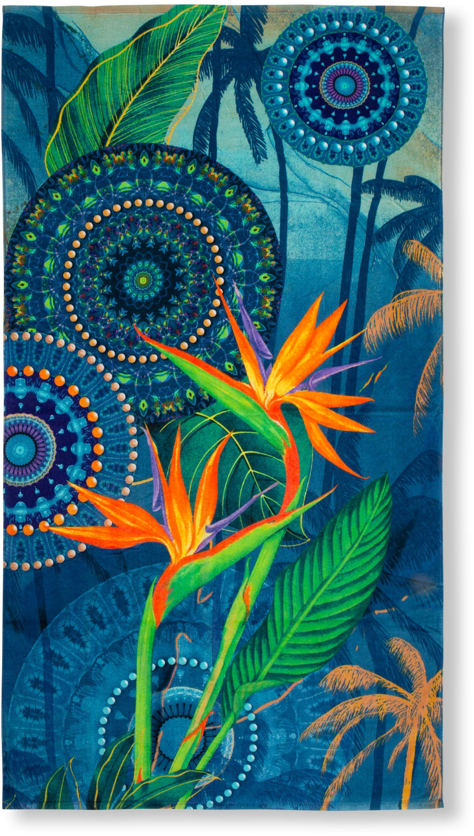 hip Strandtuch Novia, Frotteevelours (1-St), Baumwolle, Velours, 100x180, Weich, Strand, Mandala, Strelitzie, Blau