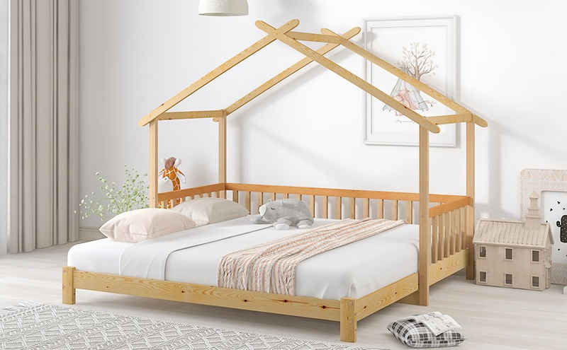 WISHDOR Kinderbett Jugendbett Hausbett Doppelbett (200x90cm nach ausziehen ist 200x180cm ohne Matratze natur), reines Massivholz, Cleveres ausziehbares Bett, Stabile Struktur