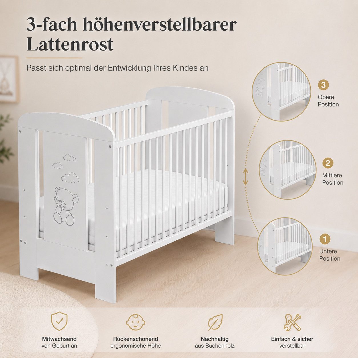 Best for Kids Babybett 120x60cm mit und ohne Matratze, 4-teilig, aus Buchenholz, 1-tlg., Kinderbett, Babybett 60x120 cm mit 3 herausnehmbare Schlupfsprossen