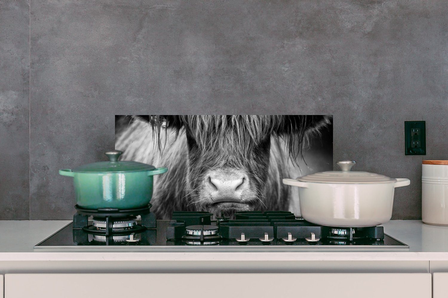 (1-tlg), cm, Kuh Schwarz - gegen Küchenrückwand - - und Fett Tiere, Weiß Highlander MuchoWow Küchen Schmutzflecken Schottischer für 60x30 Wandschutz, -