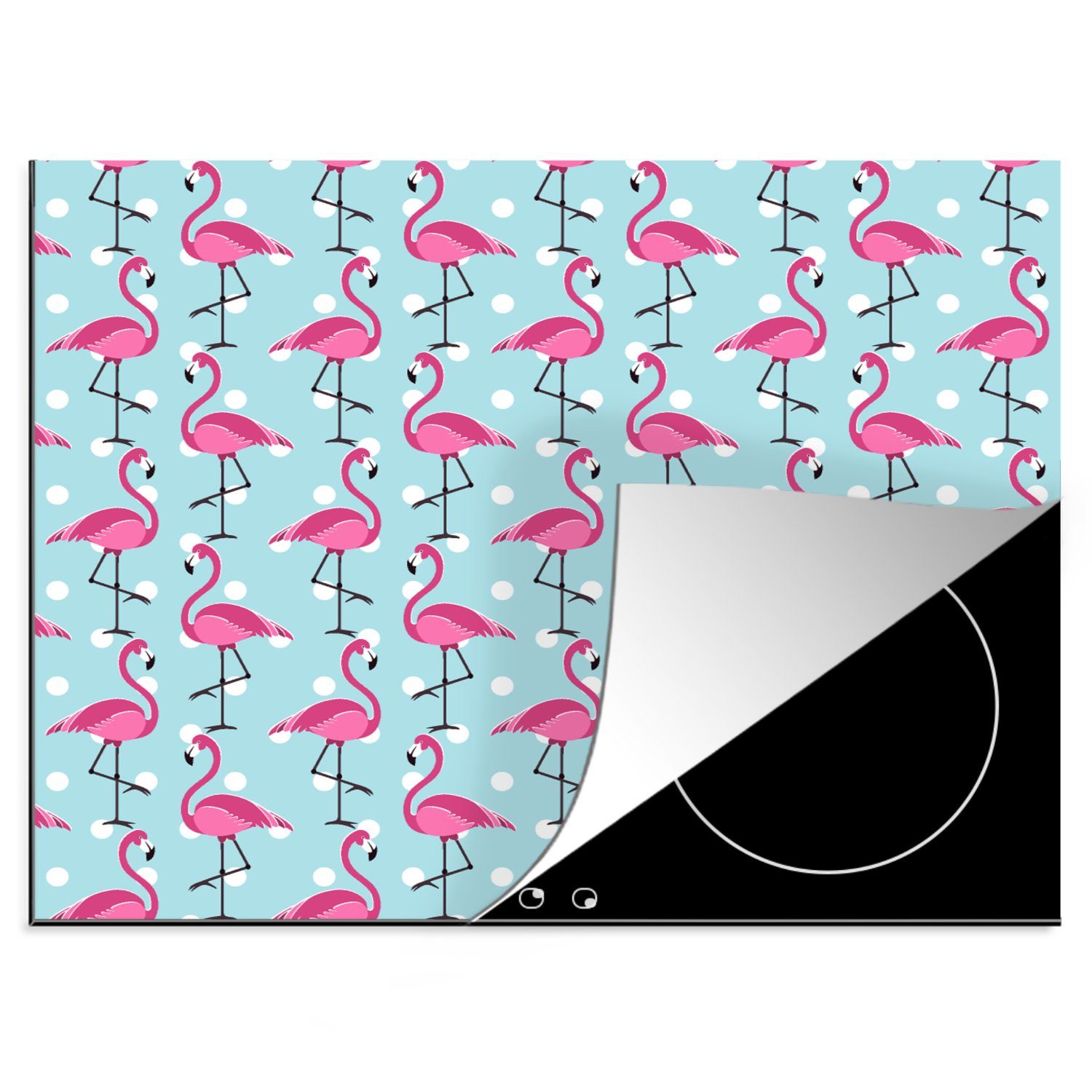 MuchoWow Herdblende-/Abdeckplatte Flamingo - Polka dots - Tiere - Muster, Vinyl, (1 tlg), 60x52 cm, Mobile Arbeitsfläche nutzbar, Ceranfeldabdeckung