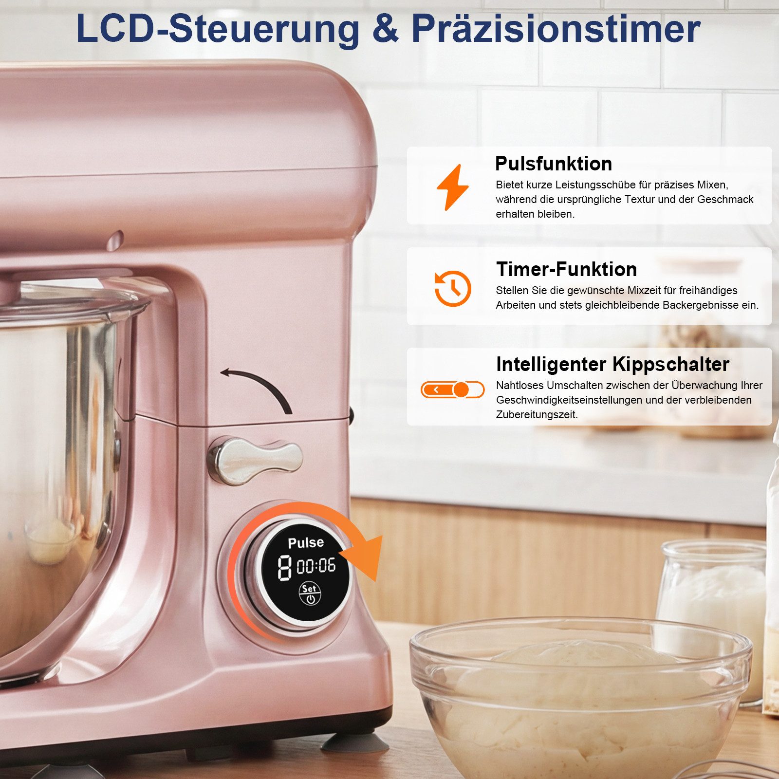 Rebonique Küchenmaschine Küchenmaschine zum Backen 8 Stufen & Timer, 1400 W, 6,5 l Schüssel, mit Rührhaken, Knethaken, Schlagbesen und Spritzschutz