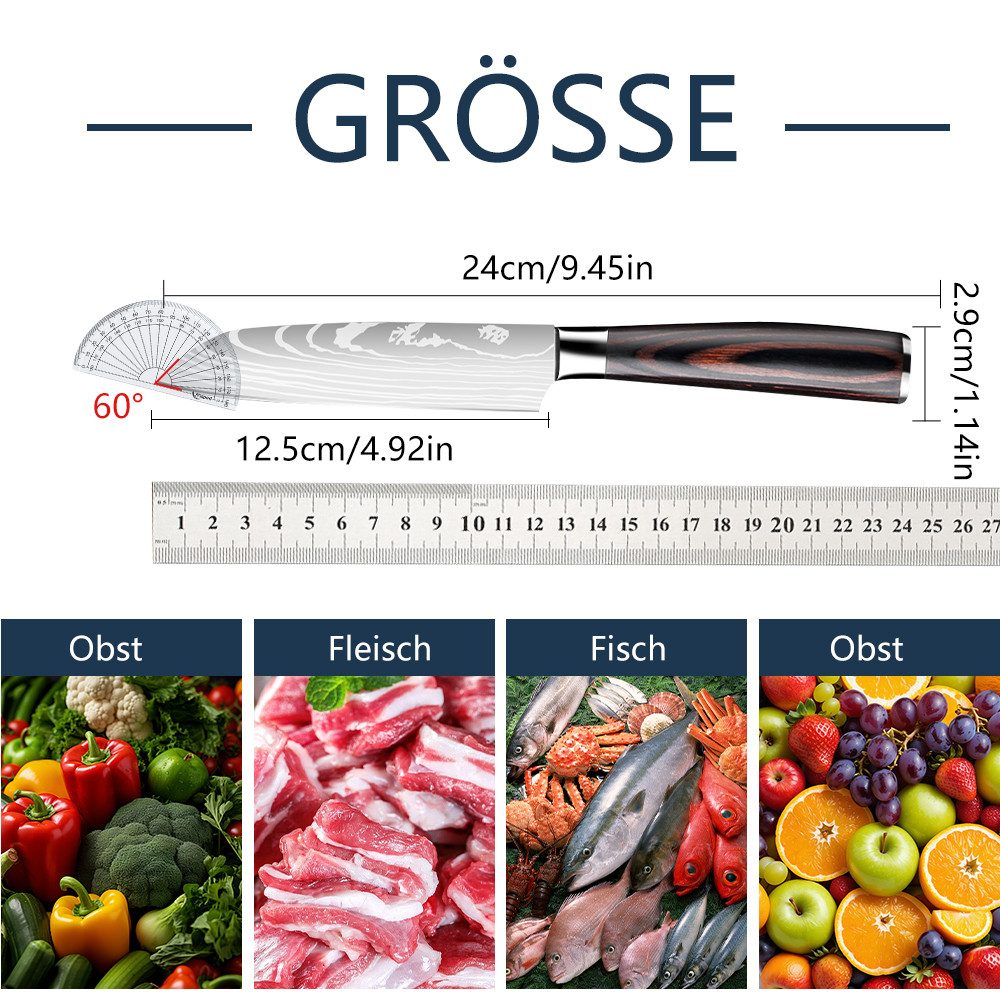 MDHAND Santokumesser 12,5 cm – Küchenmesser aus kohlenstoffreichem Edelstahl, Für Fleisch, Gemüse und Obst – Mit Echtholzgriff