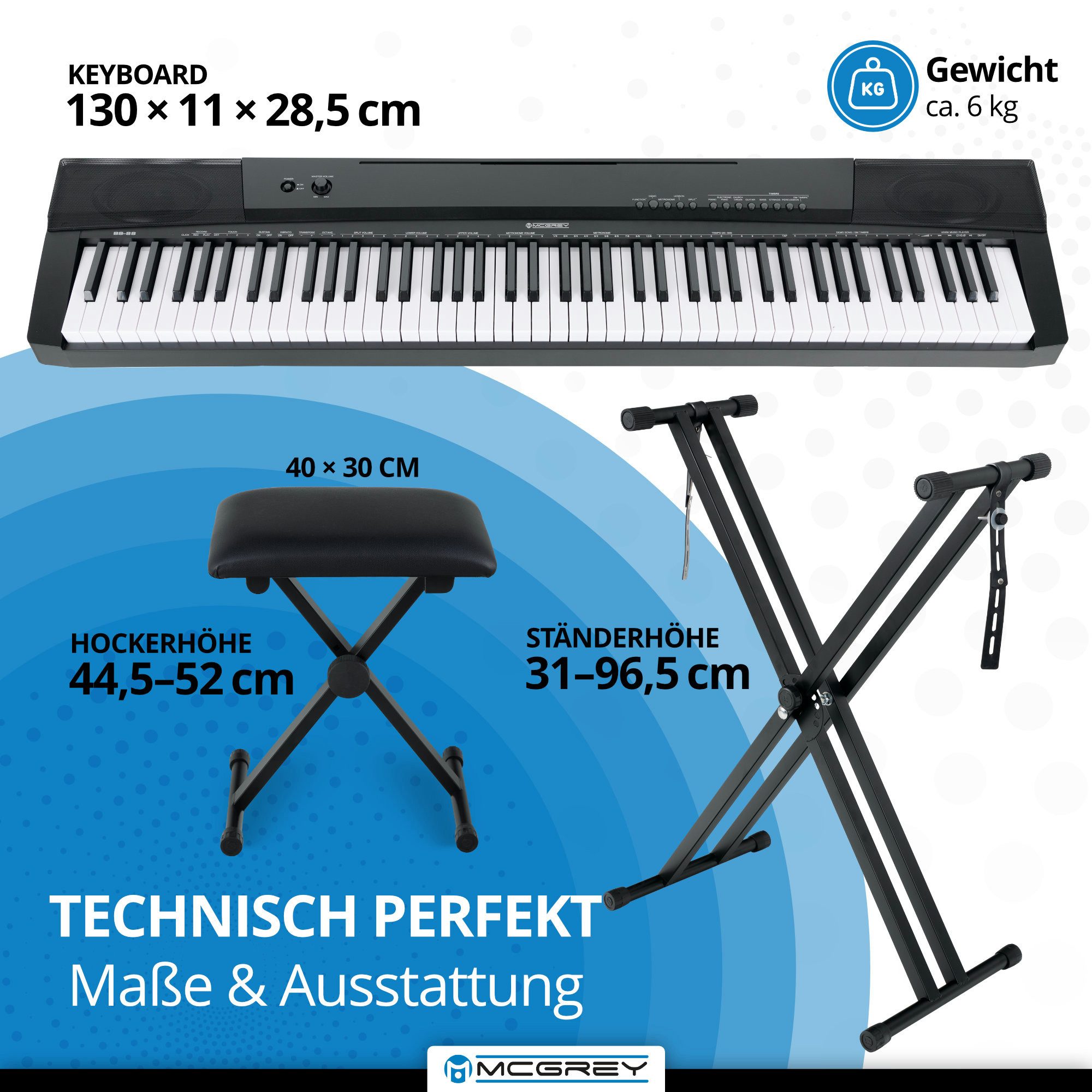 McGrey Home-Keyboard SK-88 - 88 Tasten Einsteiger-Keyboard in Stagepiano-Optik (Super Kit, 5-St., inkl. Sustain-Pedal, Keyboardständer, Hocker und Kopfhörer), 146 Sounds, USB to Host Aufnahme-, Split-, Dual- und Twinova-Funktion