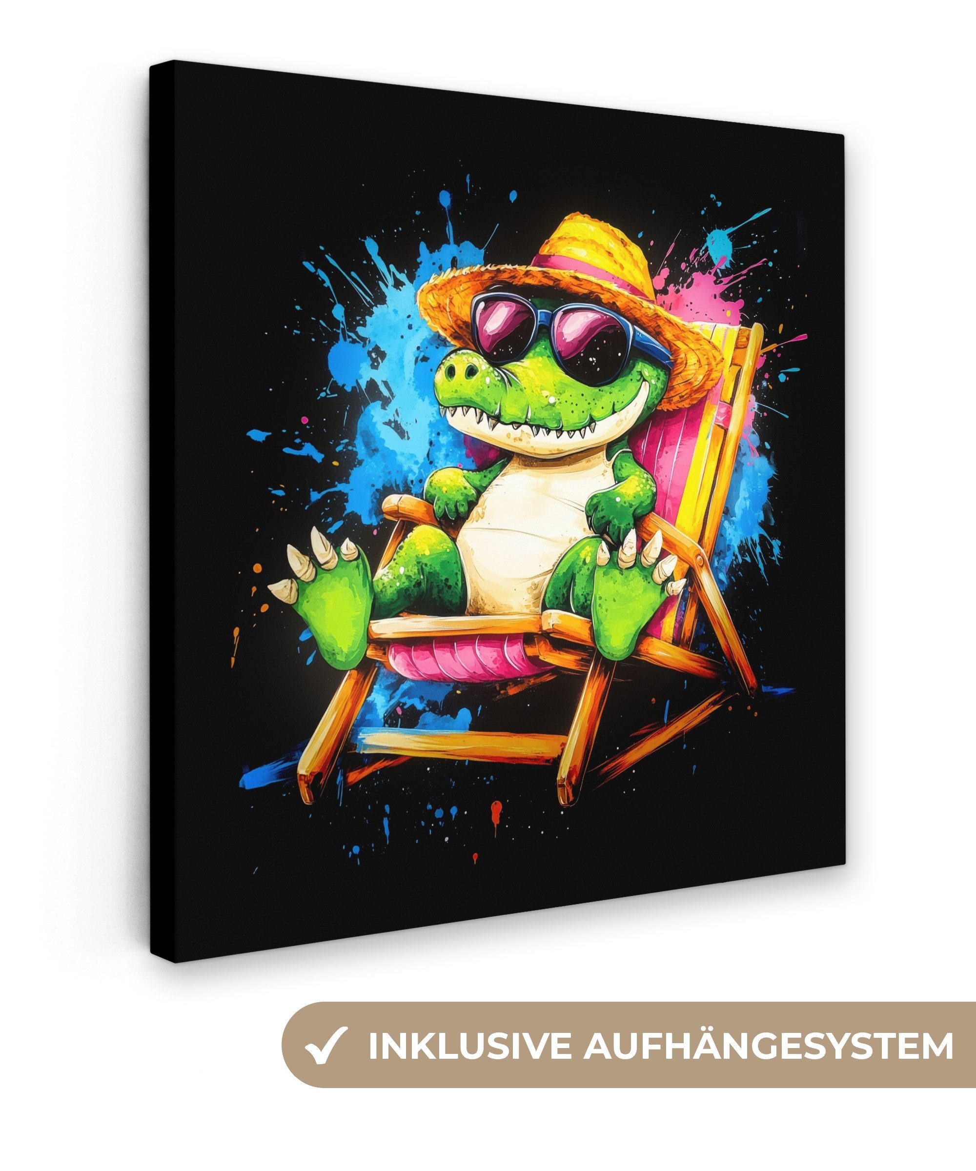 OneMillionCanvasses® Leinwandbild Graffiti - Sommer - Krokodil - Lustig, Fotodruck (1 St), Wandbild, Deko Schlafzimmer Wohnzimmer Flur 20x20 cm