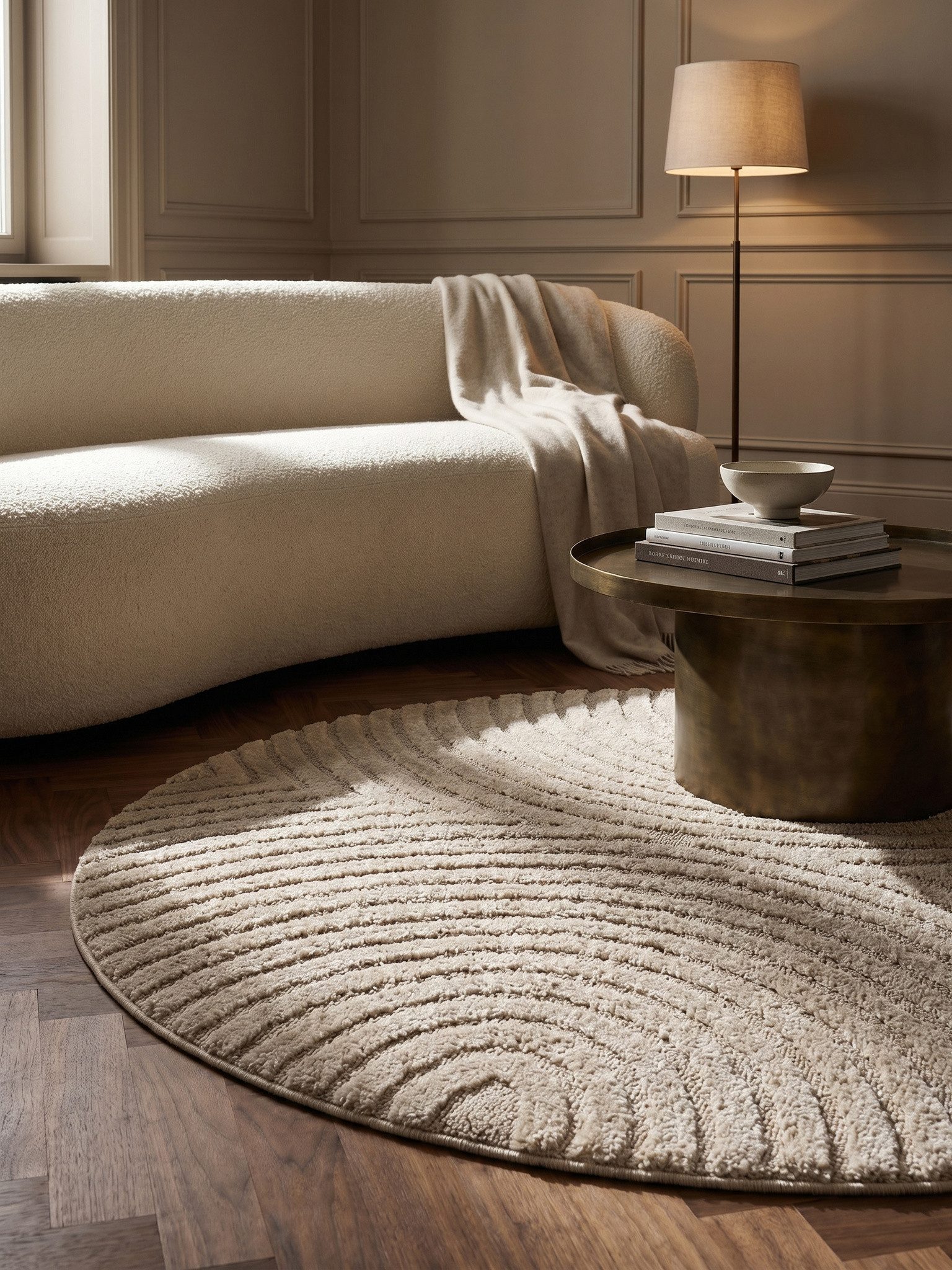 KADIMA DESIGN Teppich Hochflorteppich RIGI rund Wohnzimmer Bögen Relief Jute-Rücken, Rund, Höhe: 10 mm, Beige, 80x80 cm, Wohnzimmerteppich Strapazierfähig Waschbar
