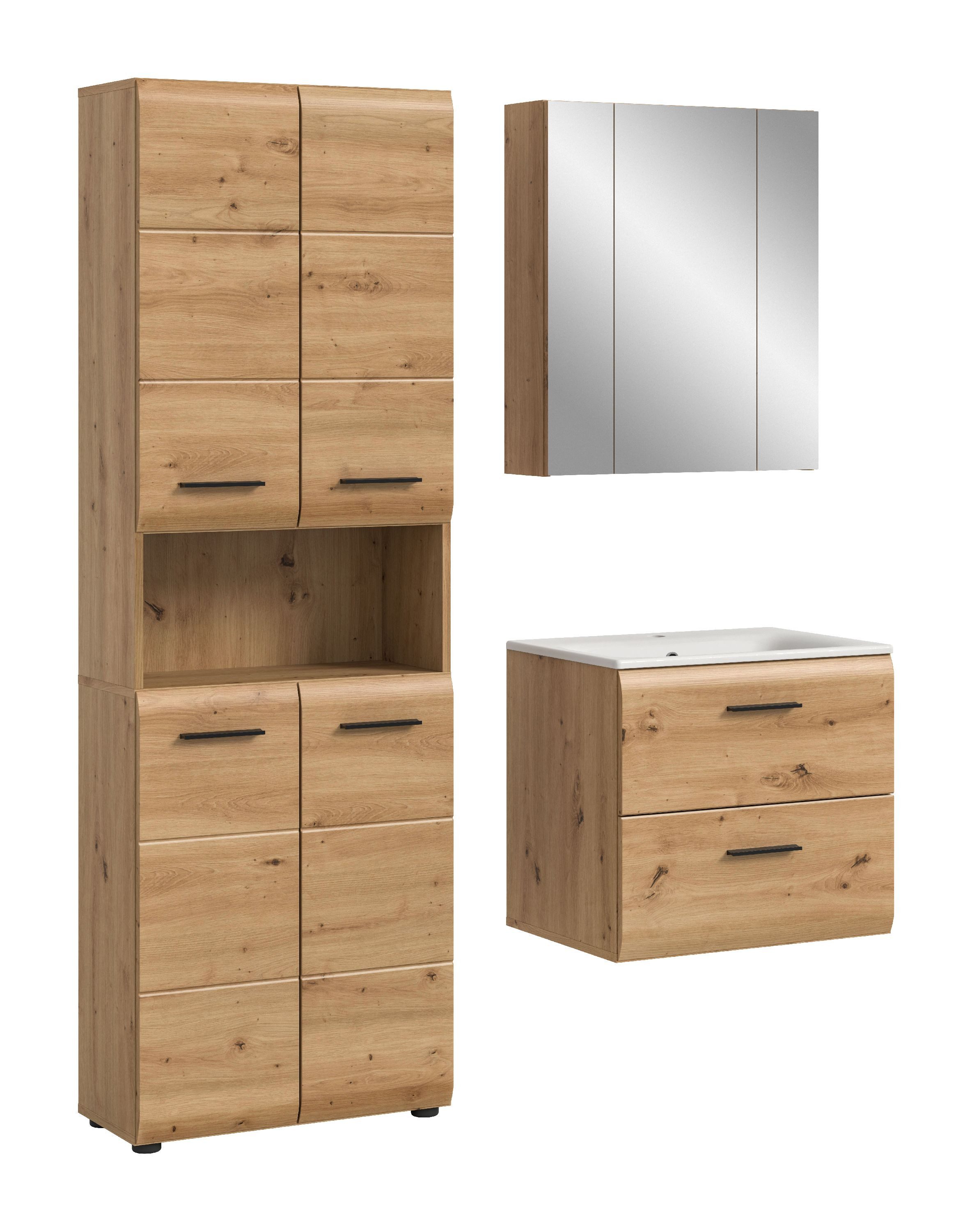 xonox.home Badmöbel-Set, (3tlg. Set inkl. Hoch-, Spiegelschrank, Waschtisch Inkl. Waschbecken), Artisan Oak Nachbildung Melamin beschichtet modern 135x185x46 cm