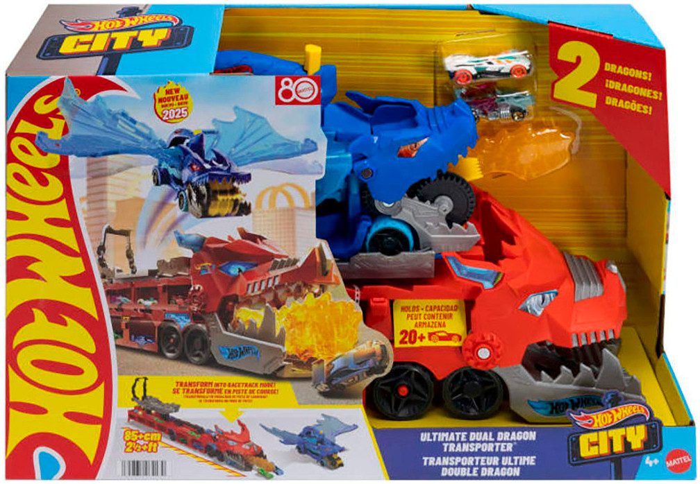 Hot Wheels Toy Monster Truck Hot Wheels City Ultimate 2-in-1 Dragon Transporter, Includes 2 Hot Wheels Die-Cast Vehicles in 1:64 Scale