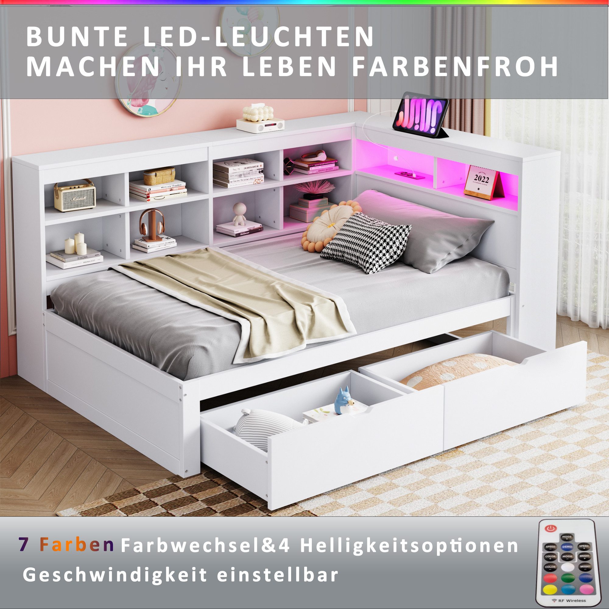 Flieks Massivholzbett, LED Einzelbett 90x200cm mit Stauraum, USB-Aufladen und Schublade – Bild 5 von 5