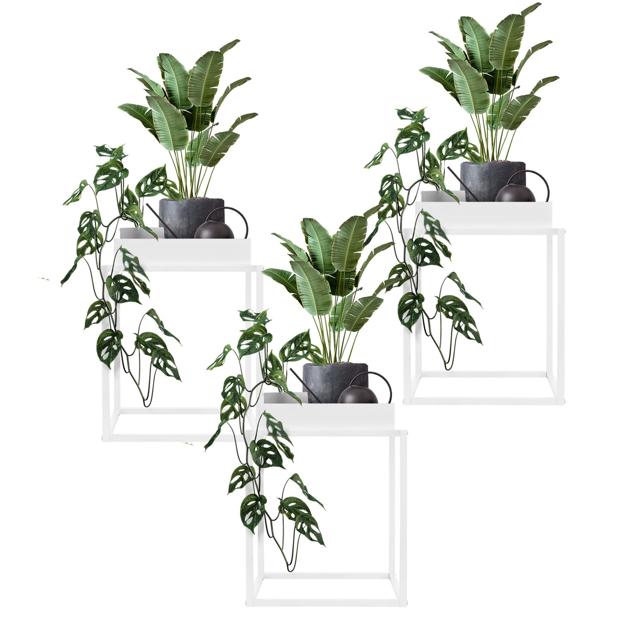 Beistelltisch, hoher Blumenständer 3er Blumenkasten Ablageflächer Pflanzenständer Weiß 35x35x46cm quadratisch Metall ML-DESIGN Pflanzkasten Set Rand