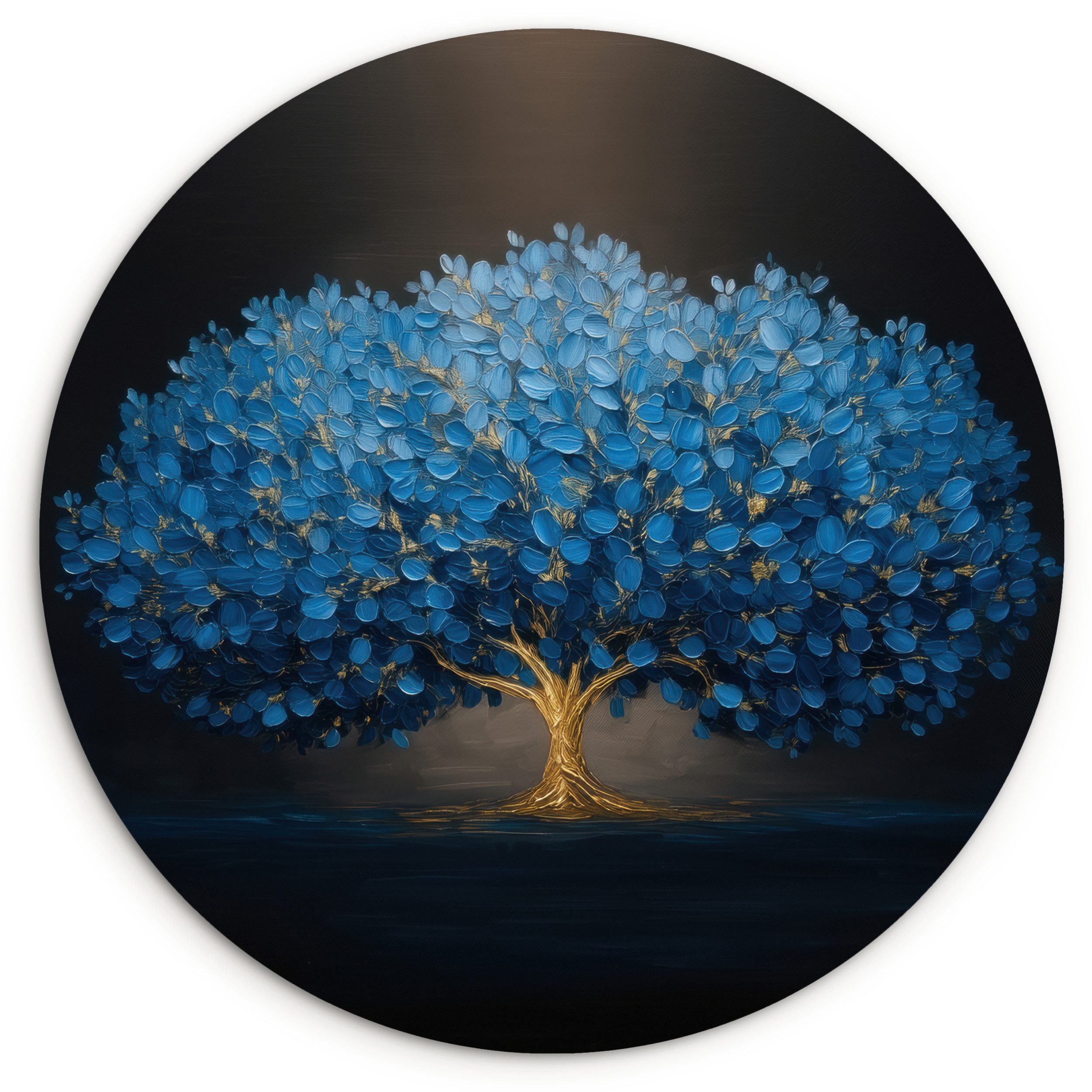 MuchoWow Gemälde Baum - Blau - Blätter - Pinselstriche, Fotodruck (1 St), Kreis Wanddekoration, Rundes Wandbild, 30x30 cm