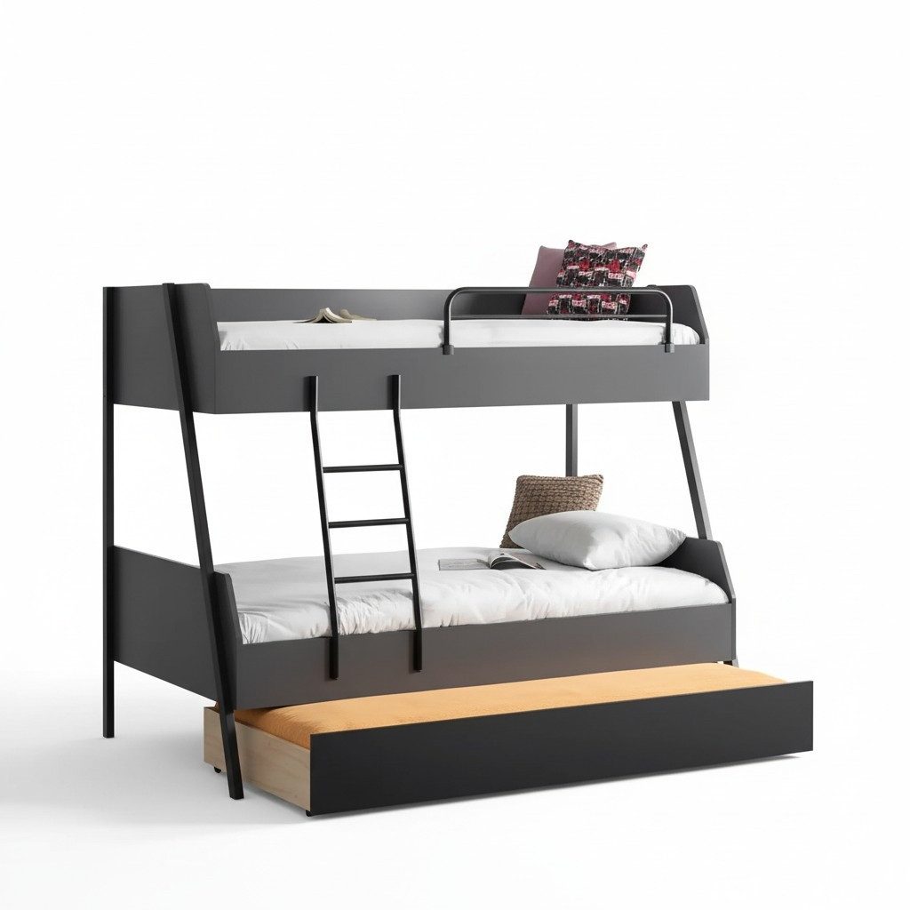 JVmoebel Etagenbett Schwarzes Kinderbett aus Holz mit elegantem Edelstahl-Fußteil (1-St), Made in Europa