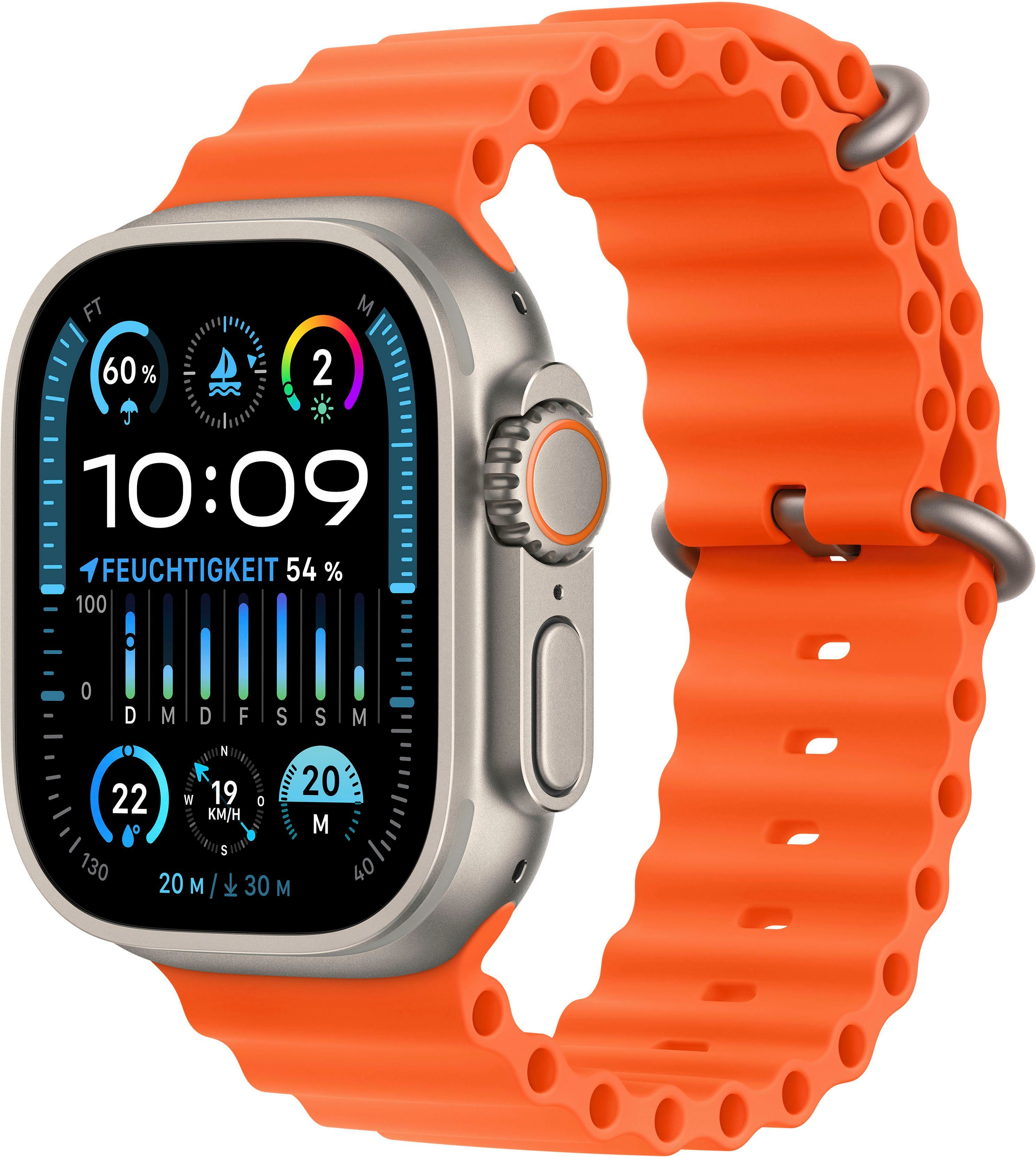 Apple Watch Ultra 2 GPS 49 mm + Cellular Titanium Smartwatch (4,9 cm/1,92 Zoll, Watch OS 10), Ocean Band orange | Titanium/Orange Ocean