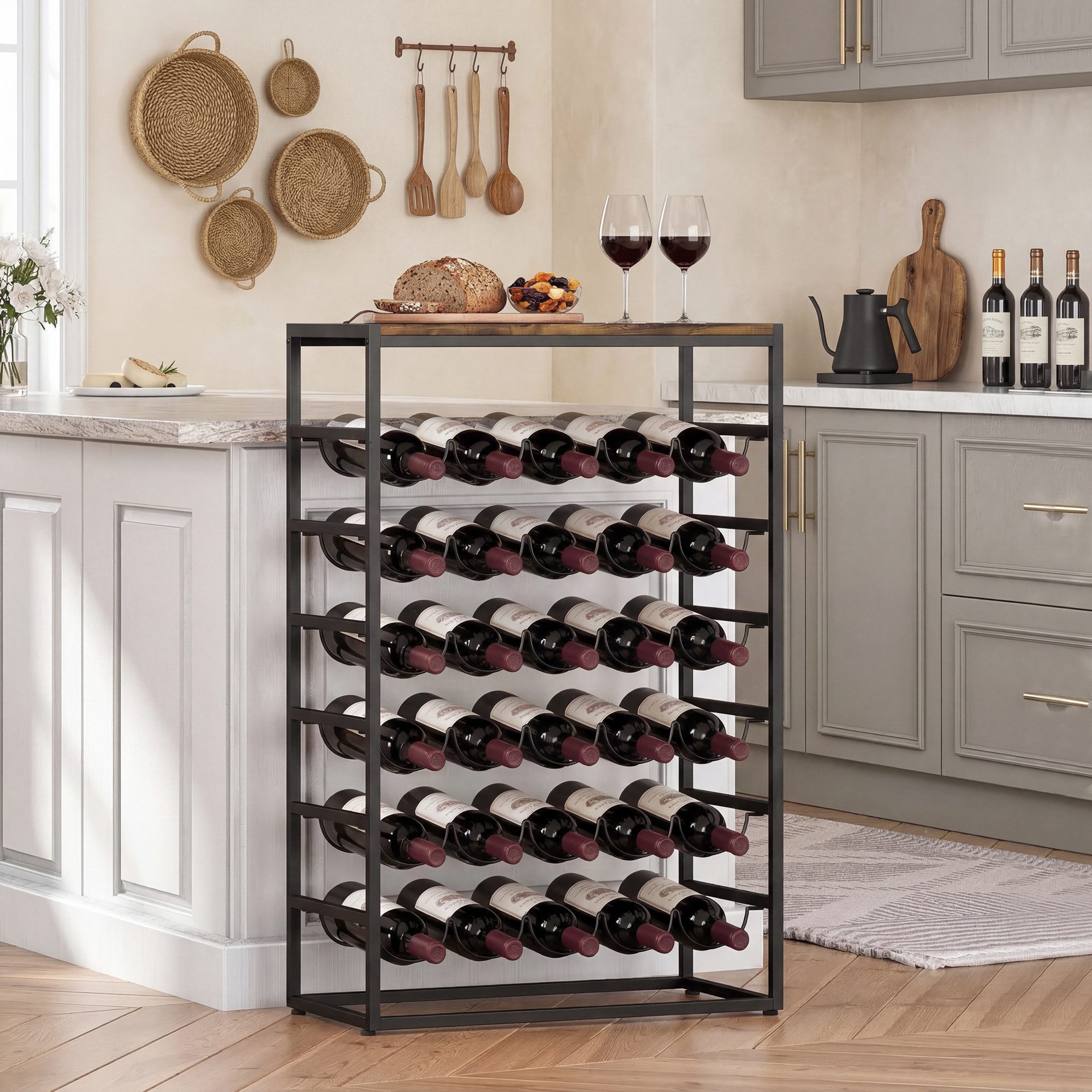 HOMCOM Weinregal Flaschenregal Weinflaschenhalter für 30 Flaschen aus Metall, freistehender Flaschenhalter 1-tlg., für Keller, Lagerraum, 59 x 30 x 88,5 cm Rustikal-Braun