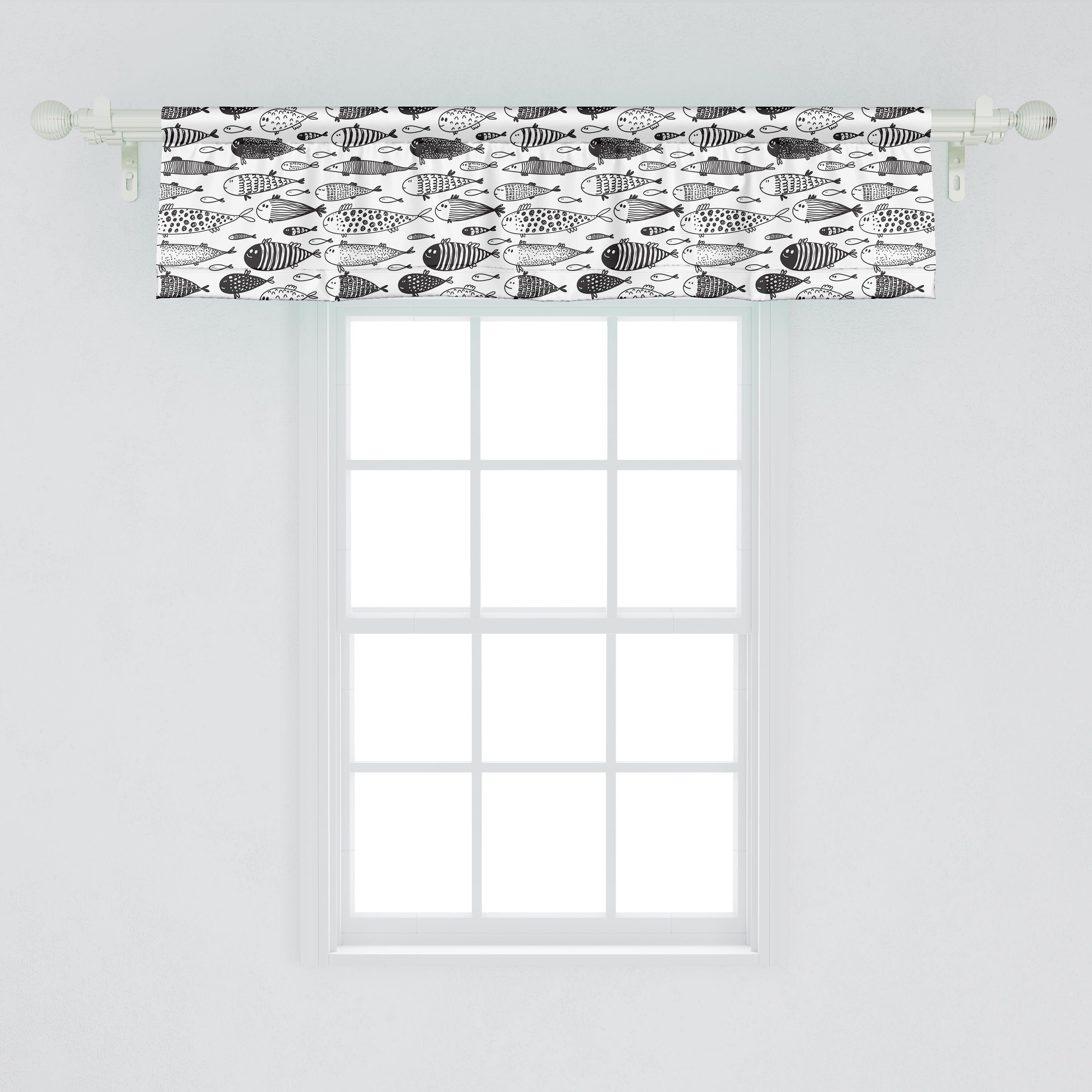 Monochrome Fische Scheibengardine mit Vorhang Schlafzimmer Nautisch Küche Sktechy Dekor Abakuhaus, Stangentasche, Microfaser, für Volant