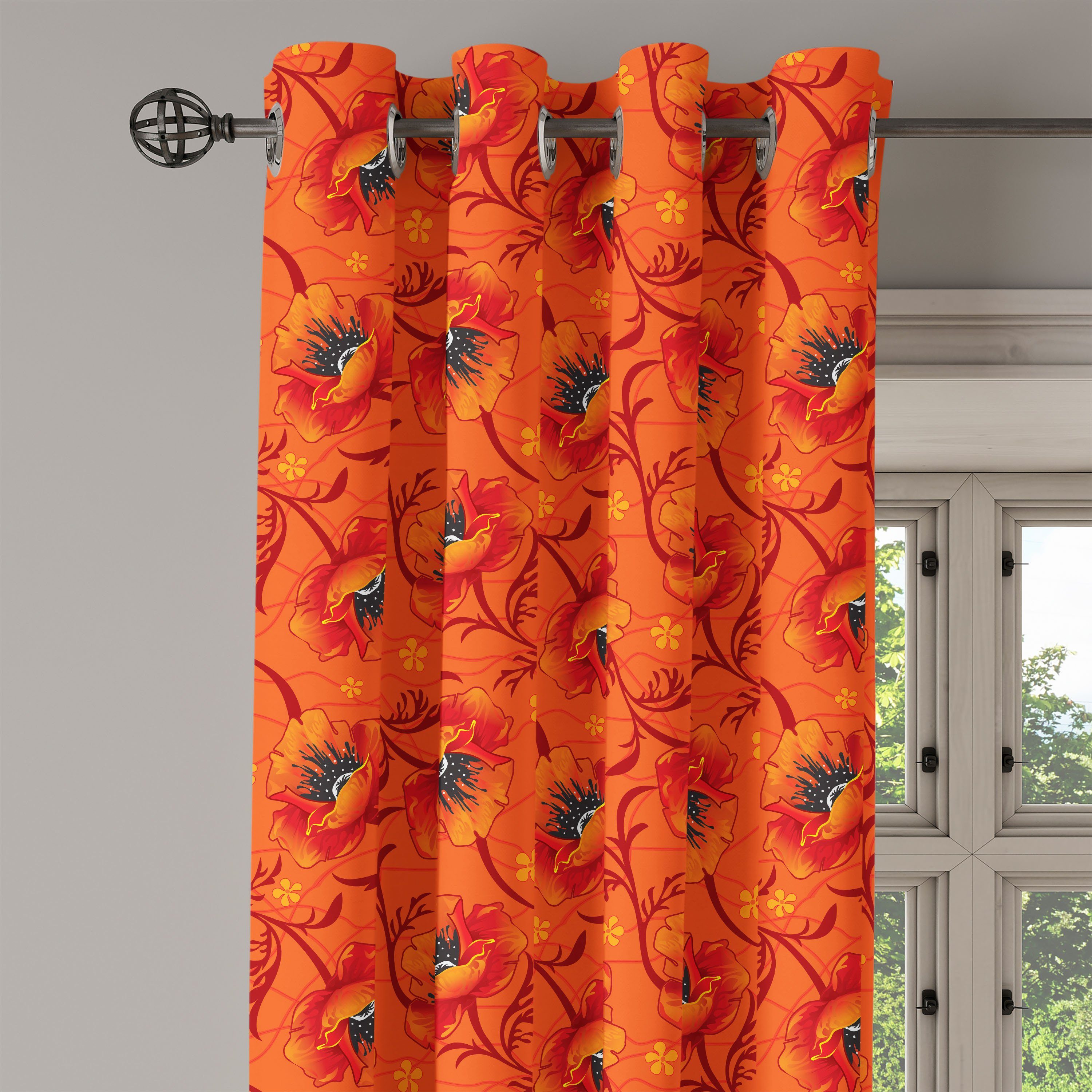 Gardine Dekorative Romantik Wohnzimmer, Abakuhaus, Schlafzimmer Orange für 2-Panel-Fenstervorhänge Mohnblumen-Blumen
