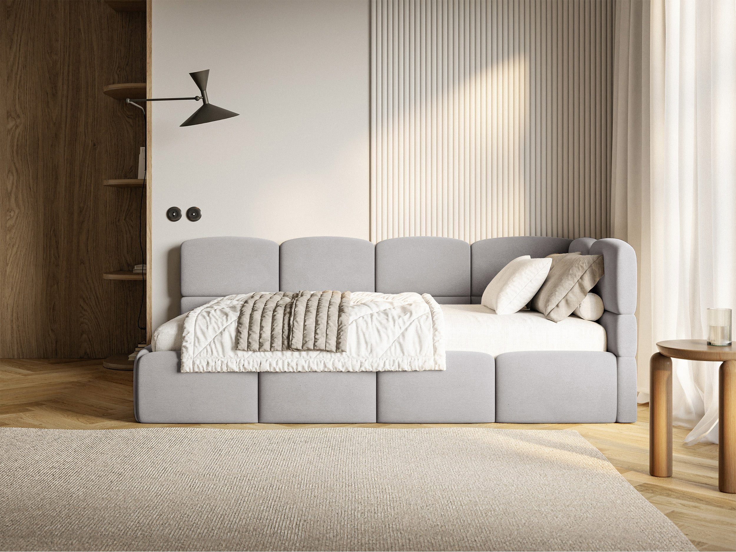 Selsey Jugendbett CLOUDY, mit Eck-Kopfteil, Lattenrost, Bettkasten und Easy-Clean-Samt, 120 cm