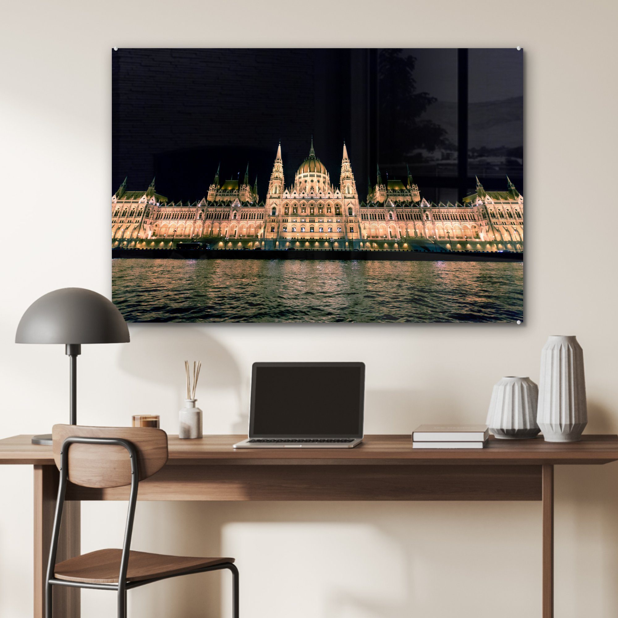 beleuchtete fotografiert Das (1 Schlafzimmer MuchoWow ungarische Wohnzimmer Acrylglasbilder Parlamentsgebäude, & St), Nacht, Acrylglasbild bei