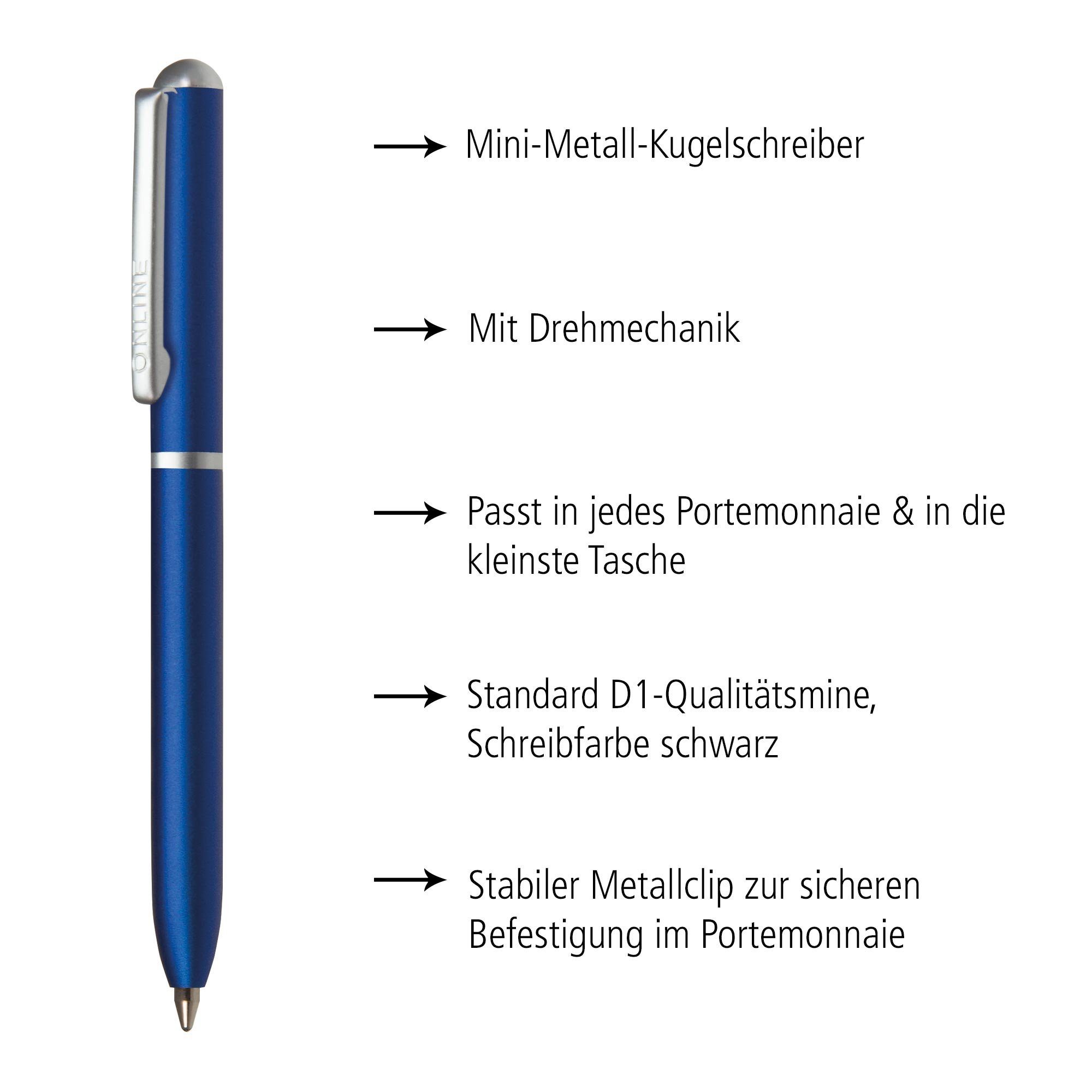 Online Pen Drehkugelschreiber, Mini schwarzschreibend Portemonnaie Blau incl. Kugelschreiber D1-Qualitätsmine, Standard