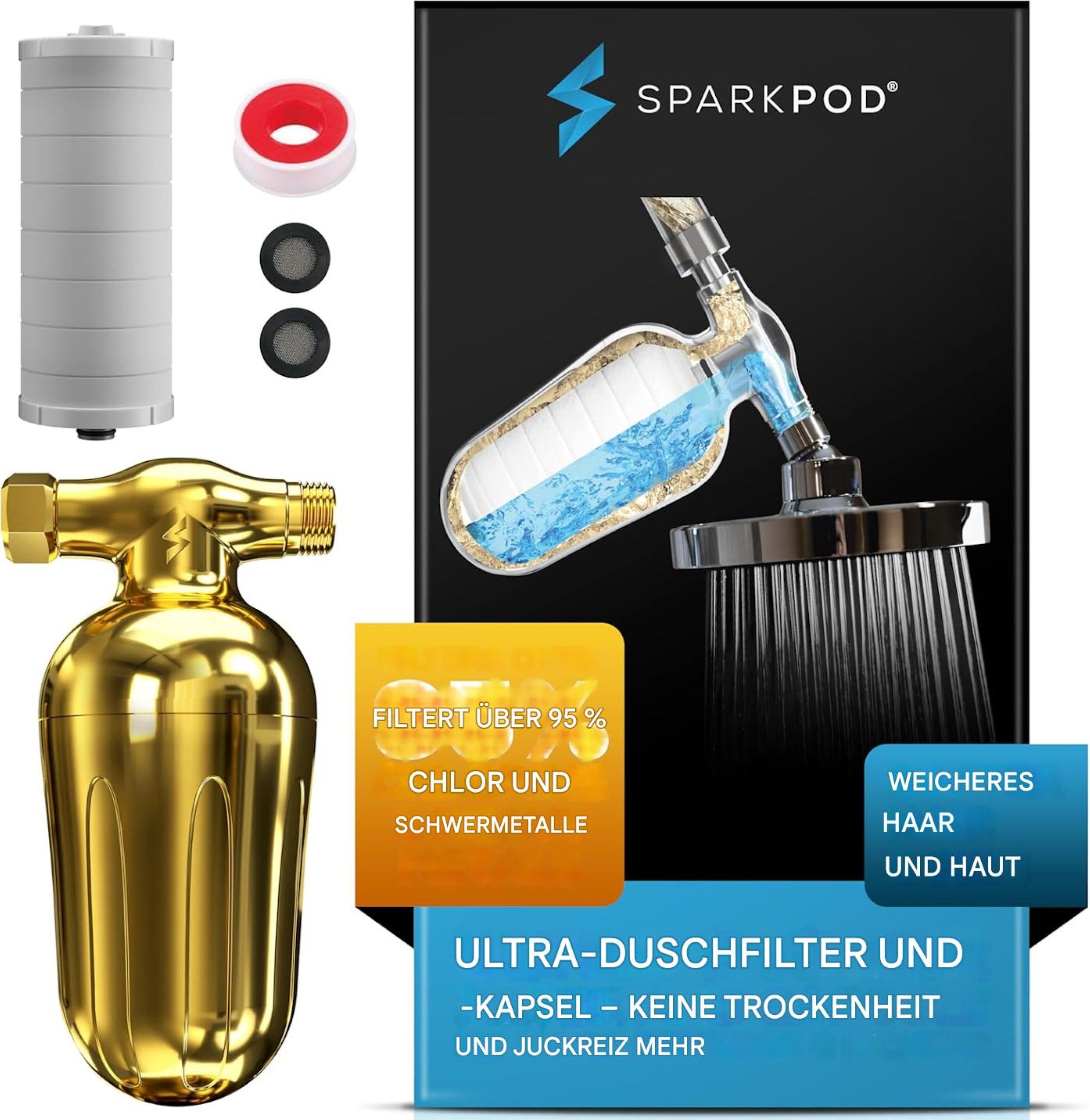 sparkpod Фильтры-Set Duschfilter mit Aktivkohle, KDF, Vitamin C – gegen Kalk & Chlor, Zubehör für Все handelsüblichen Duschköpfe mit ½-Zoll-Standardanschluss, Effektiver Duschfilter gegen Chlor, Kalk, Rost und Verunreinigungen