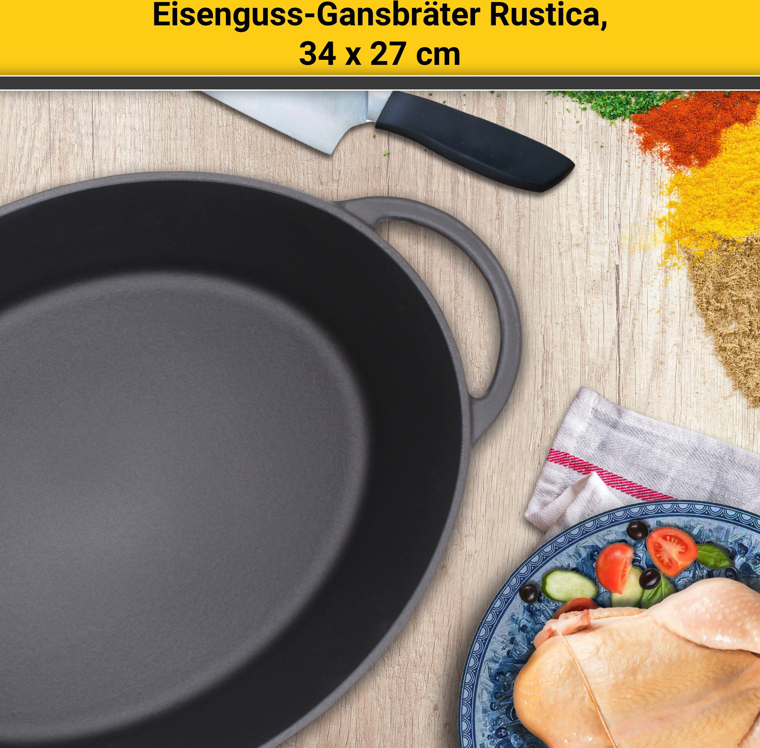 Krüger Bräter Eisenguss Gansbräter mit Deckel RUSTICA, 34 x 27 x 12,5 cm, Gusseisen (1-tlg), für Induktions-Kochfelder geeignet