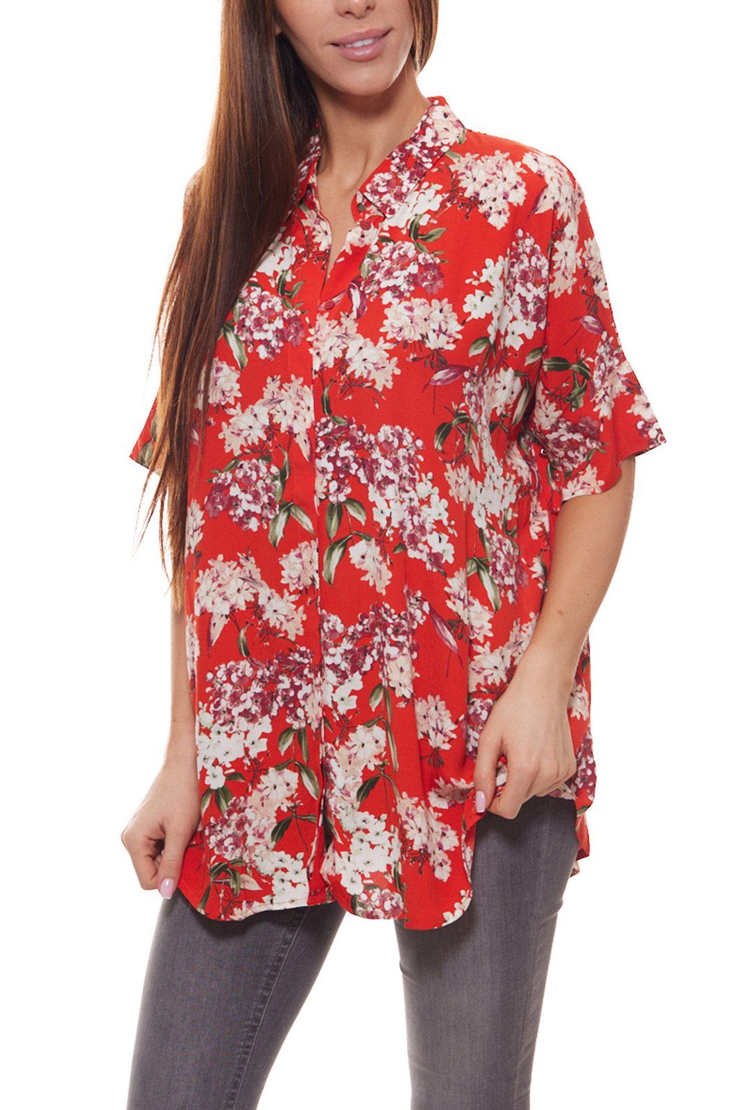Oui Kurzarmbluse OUI Kurzarm-Bluse schicke Damen Oversized-Bluse mit Blumen-Print  Sommer-Bluse Rot