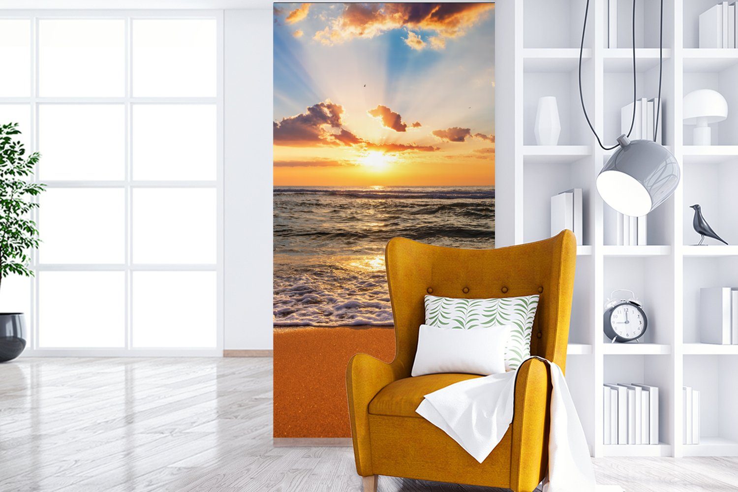 MuchoWow Fototapete Strand - - Schlafzimmer Sonnenuntergang - Wohnzimmer Fototapete Meer bedruckt, Vliestapete St), (2 Matt, Küche, Horizont, Wolken für 