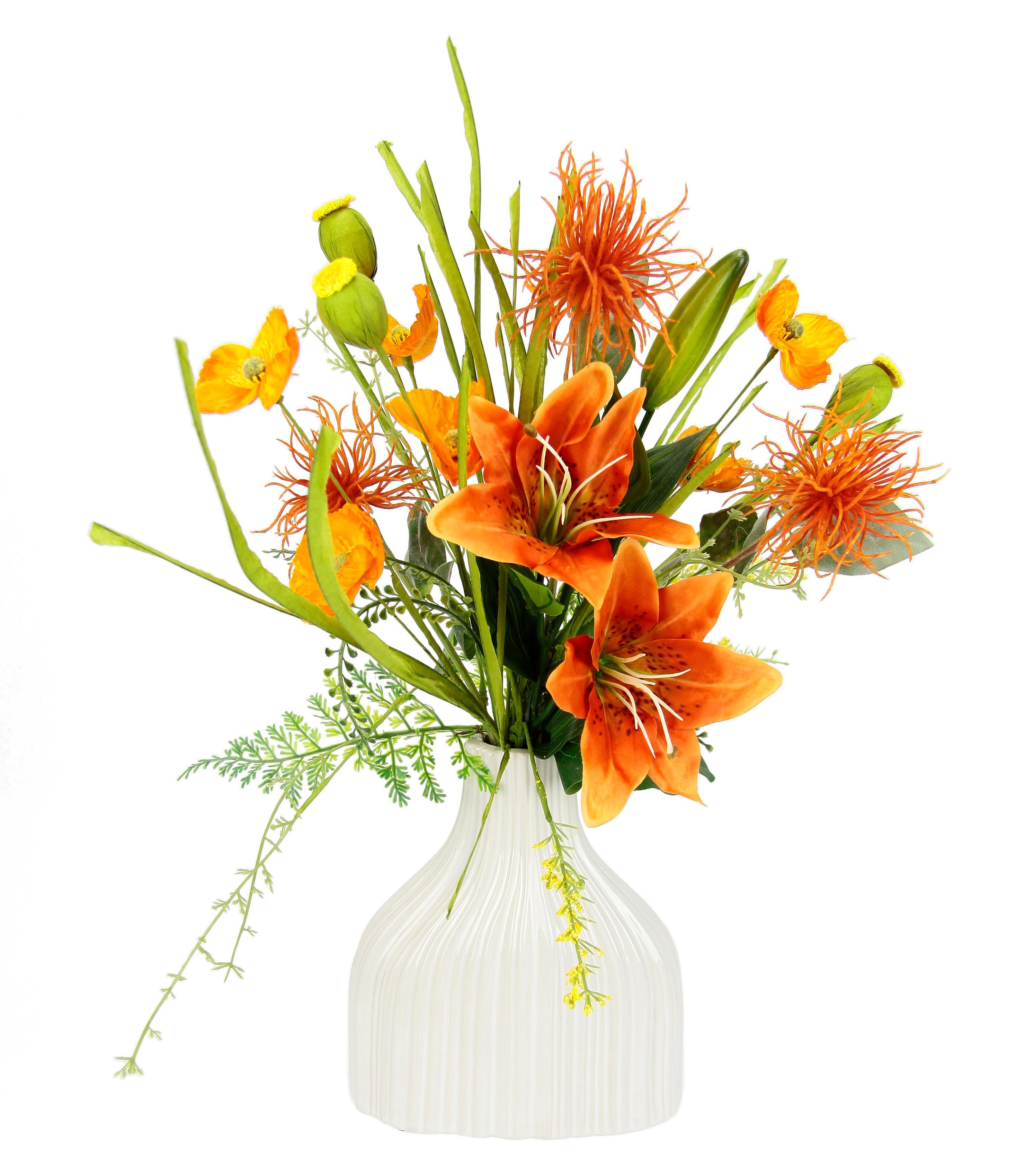 Blumenarrangement Blumenstrauß Keramik, und Dekoblumen aus Hochzeitsdeko Lilien in cm, 55 I.GE.A., Vase aus Höhe Kunstblume Mohnblumen Tischdeko Seidenblumen