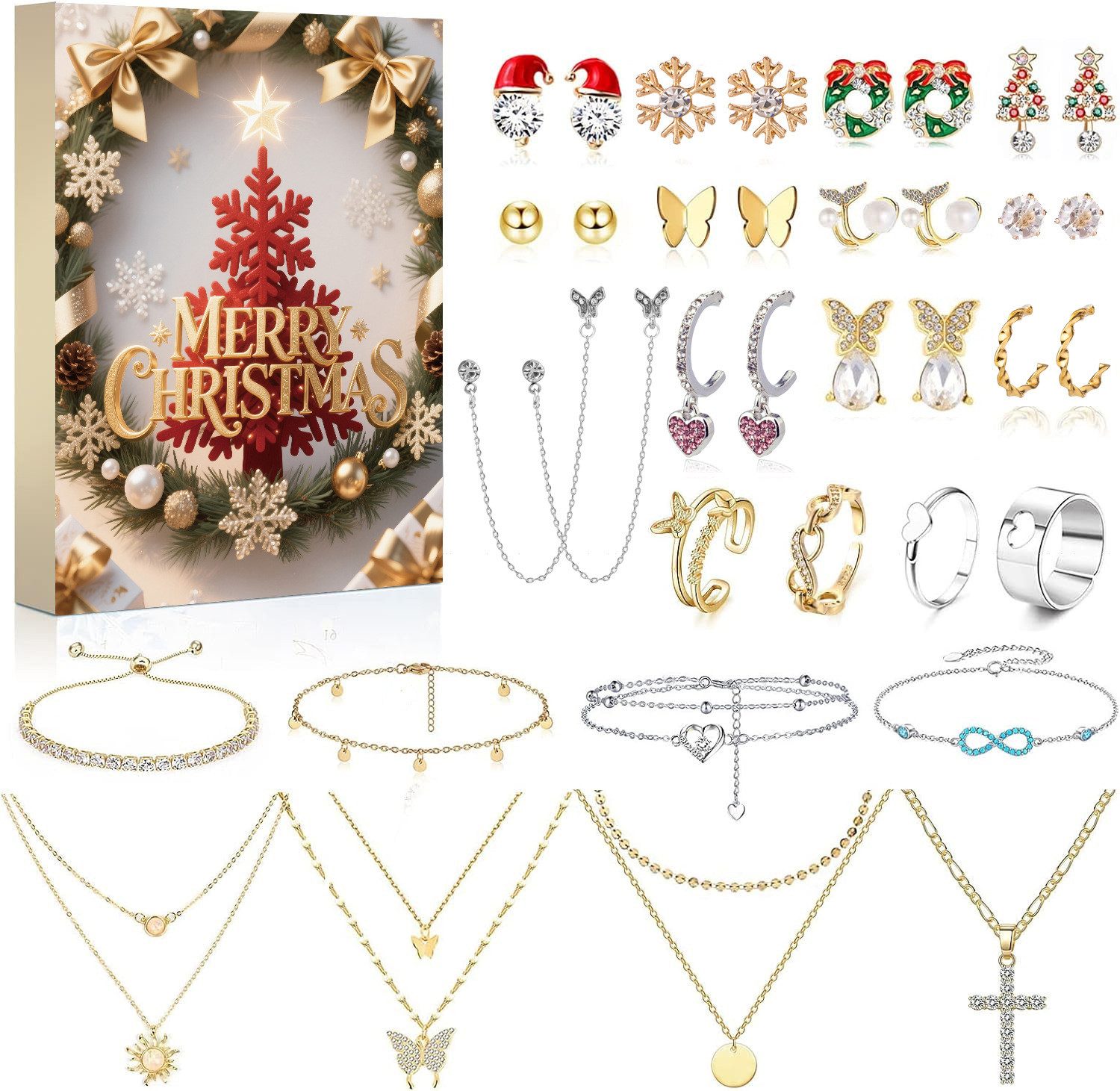 Coonoor Календари 2025 Weihnachtskalender Schmuck Set (24 Überraschungen Armband Halskette Ohrringe), Weihnachtsgeschenke für Frauen Mädchen Teenager Kinder