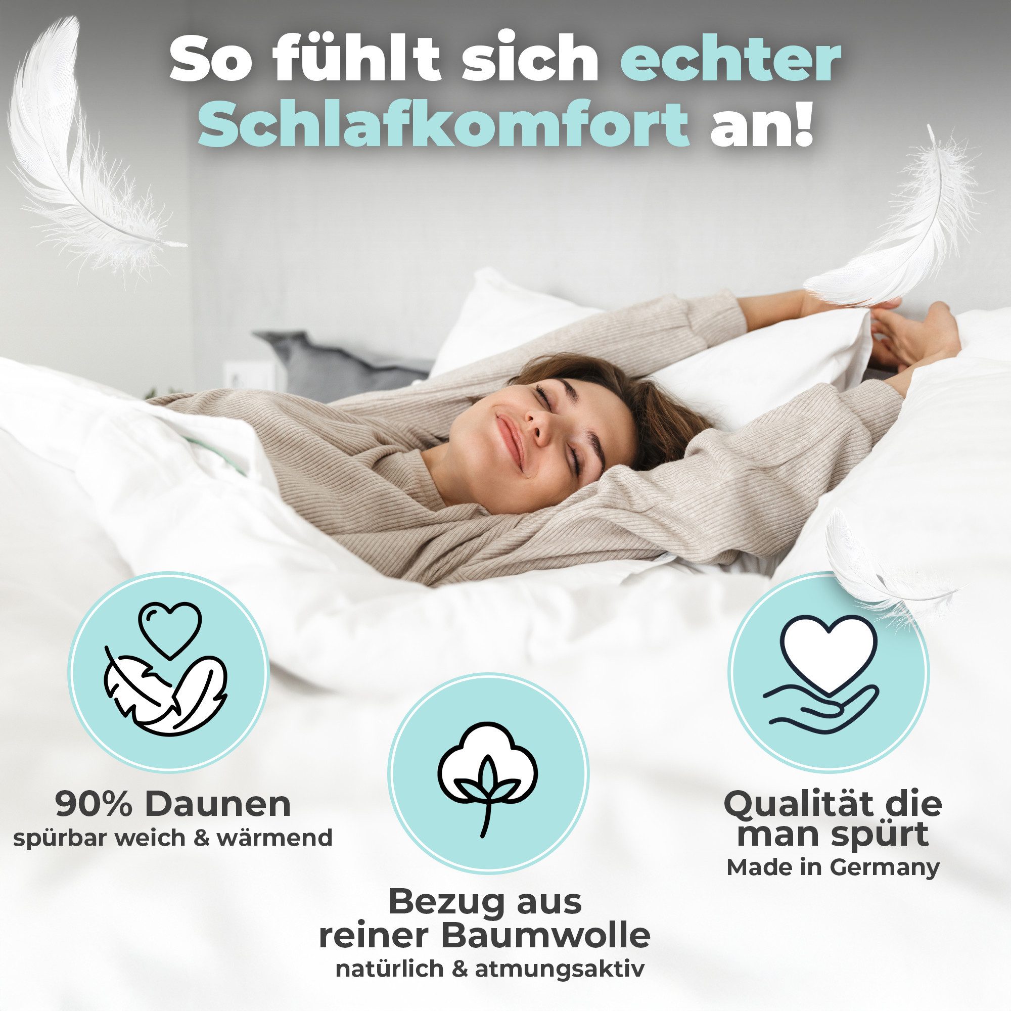 BEFA NATUR Daunenbettdecke 4-Jahreszeiten Daunenbettdecke – leichte Ganzjahresdecke mit Komfort, Füllung: 90% Daunen, 10% Federn, Bezug: Baumwolle, Daunenbettdecke für Sommer & Winter mit ausgeglichenem Schlafklima