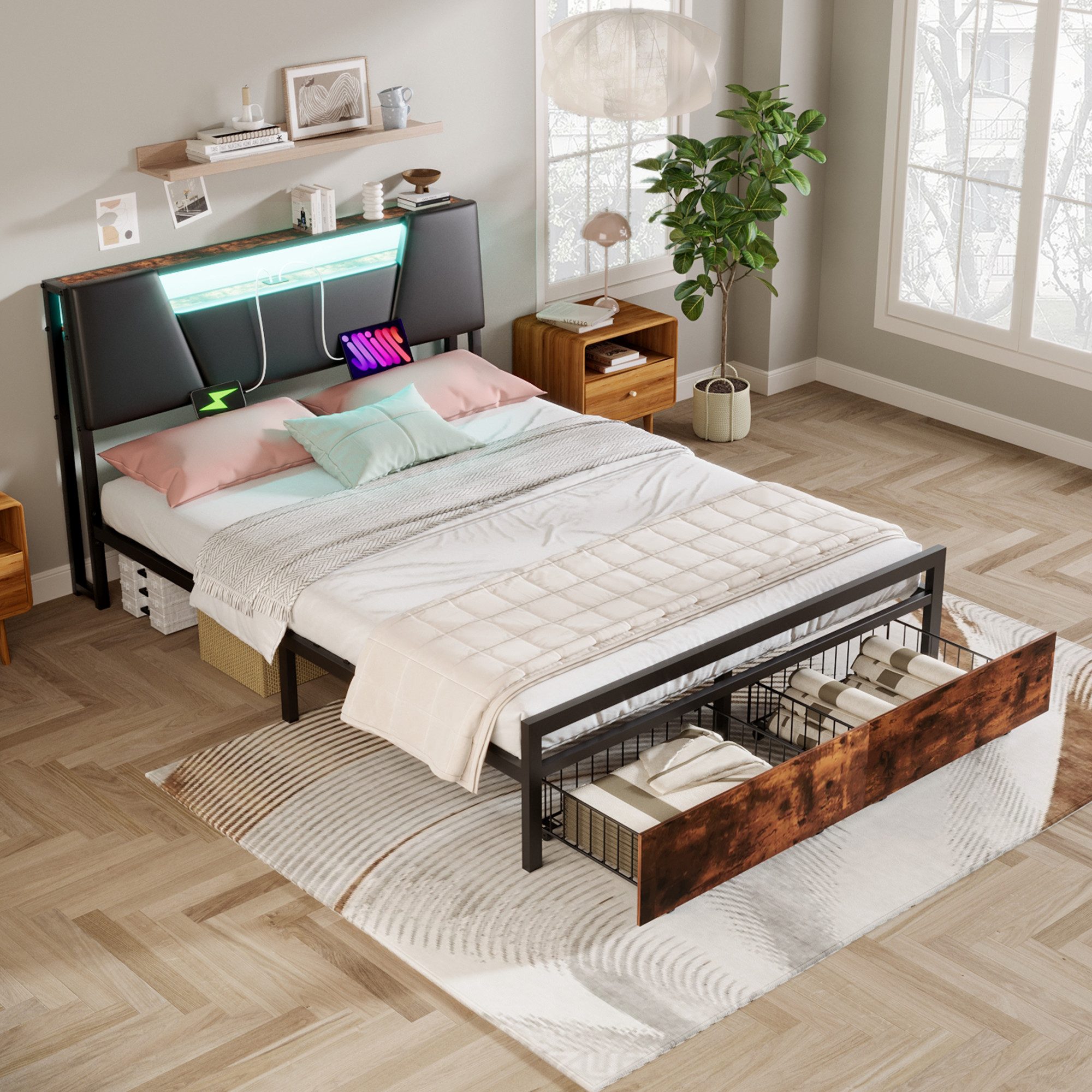 MODFU Stauraumbett Eisenrahmenbett, Bett mit farblich veränderbarem Ambientelicht (24-Tasten-Fernbedienung, ausgestattet mit USB-Buchse 140*200cm), ohne Matratze