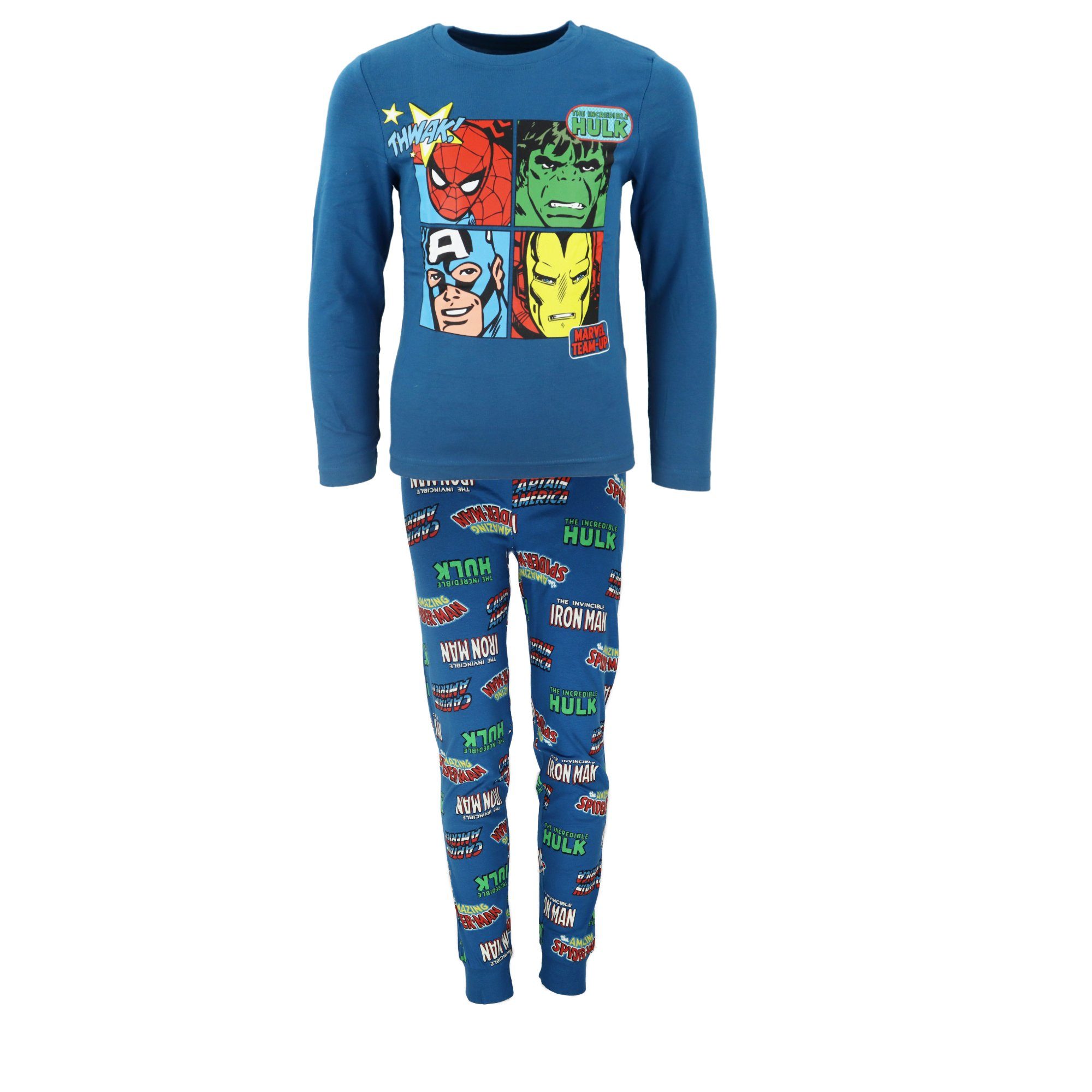 MARVEL Schlafanzug Marvel Avengers Kinder Jungen langarm Pyjama Gr. 104 bis 134 100% Baumwolle Blau