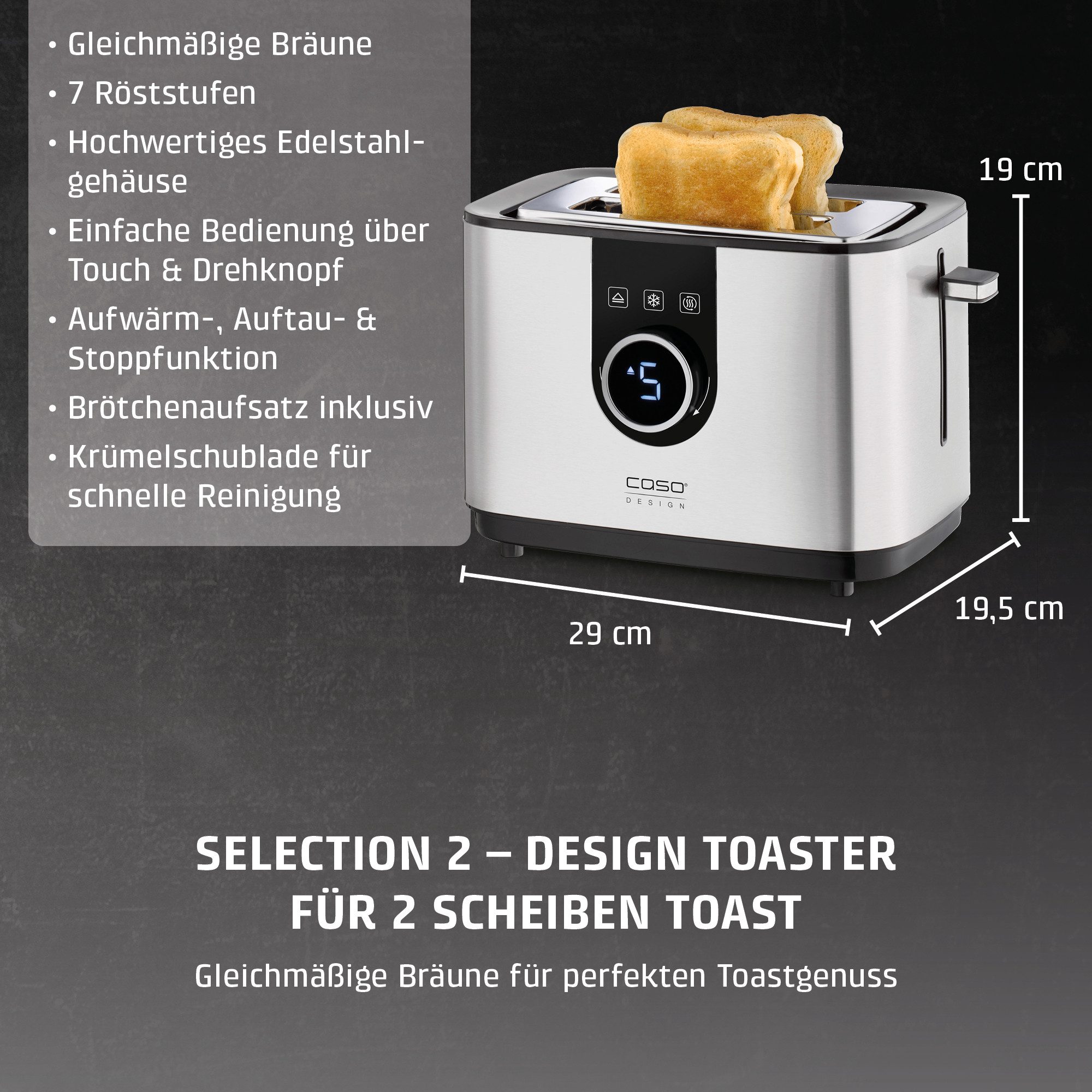 Caso Toaster 2769 Selection T2, 2 kurze Schlitze, für 2 Scheiben, 920 W, Selbstzentrierende Einschübe für eine gleichmäßige Bräunung